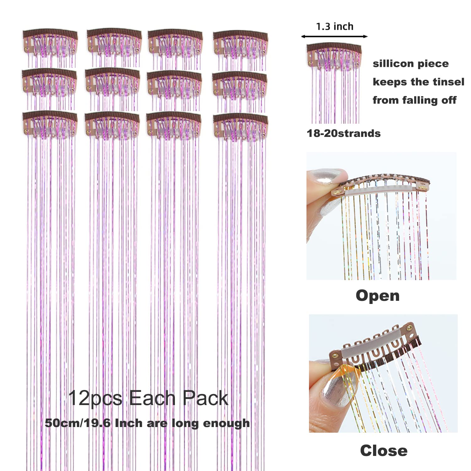 12 extensiones de cabello de oropel con clip de oropel con purpurina de 19.6 pulgadas, kit de oropel resistente al calor, accesorios de cabello de