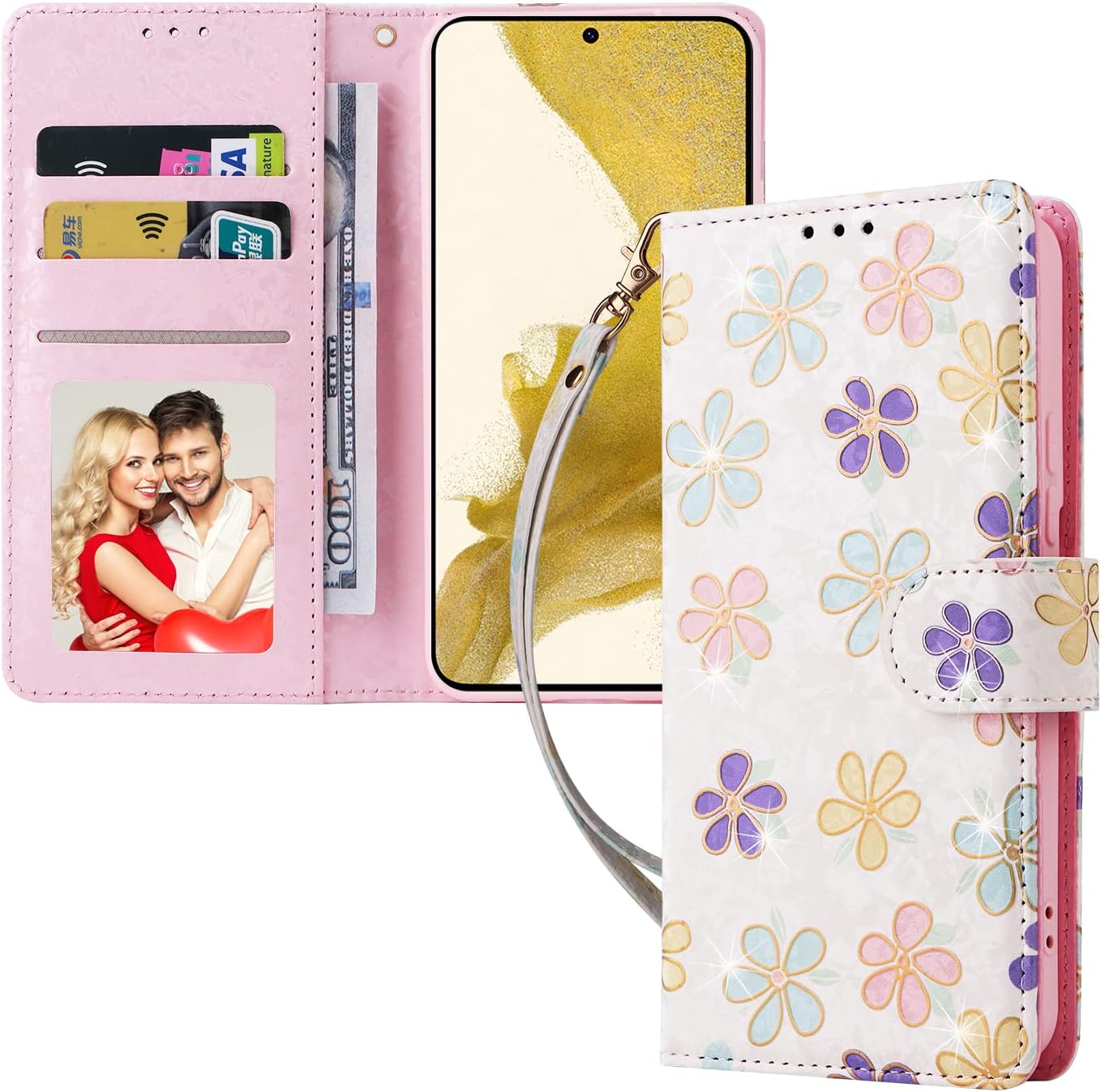 UEEBAI Funda tipo cartera para Samsung Galaxy S23 5G, piel sintética, función atril, bloqueo RFID, con ranuras para tarjetas, correa de muñeca,