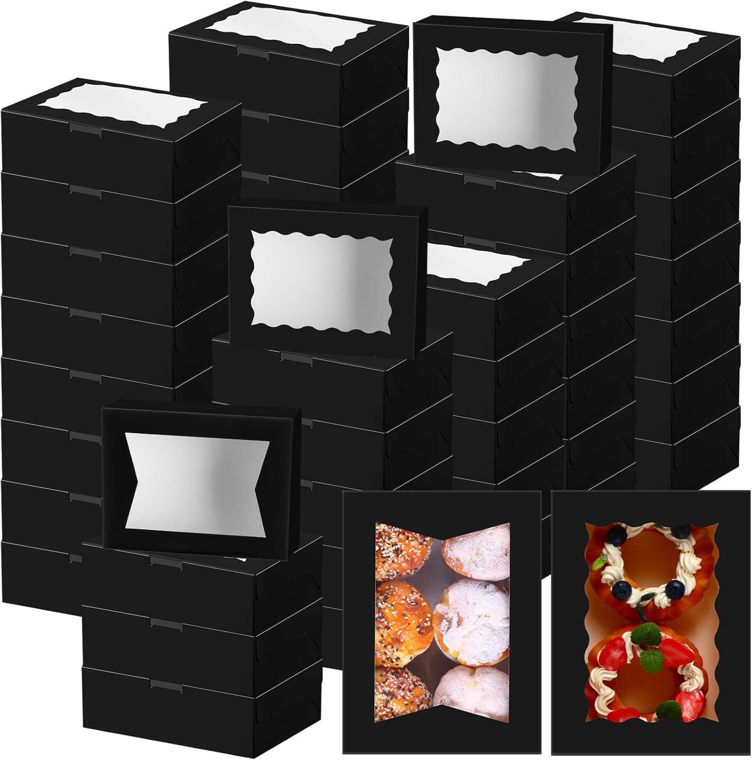 TaoBary 100 cajas de galletas de 8 pulgadas, cajas de panadería de 8 x 6 x 2.5 pulgadas, caja de papel desplegable automática con 2 ventanas de