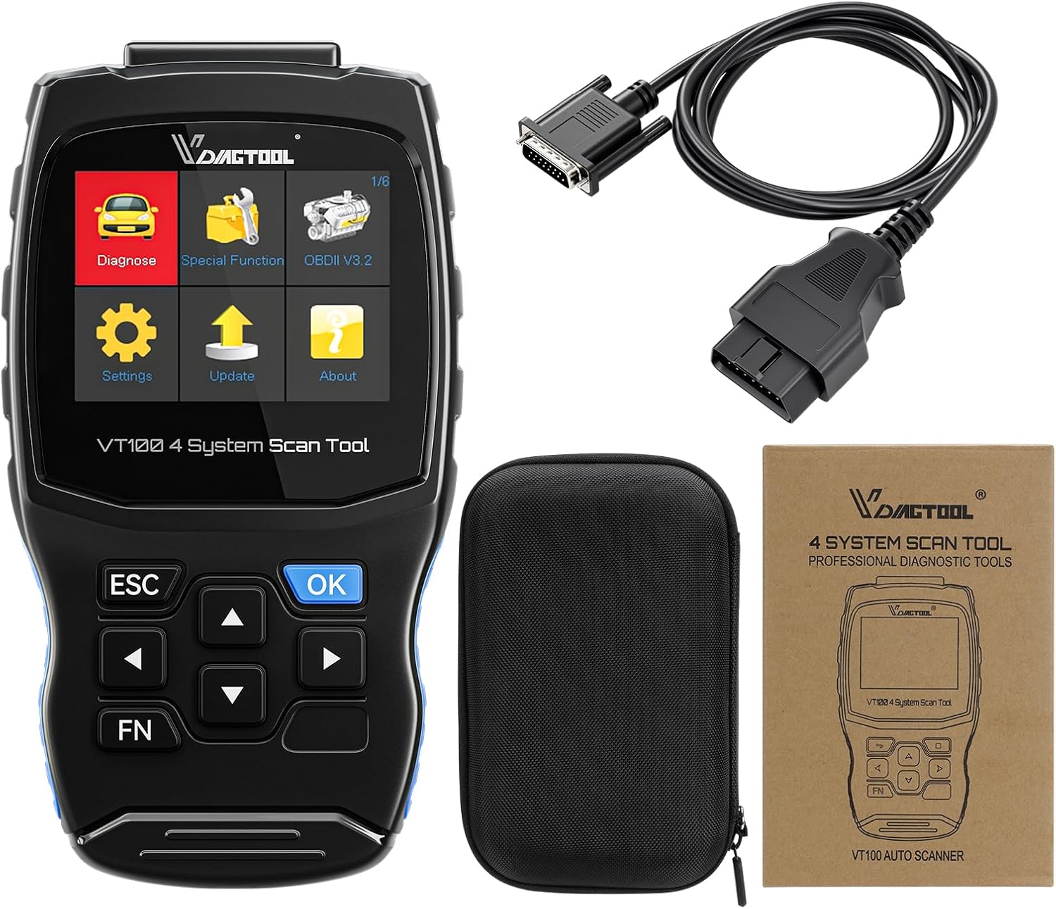 VDIAGTOOL Herramienta de escaneo VT100 con ABS, SRS, motor, diagnóstico de transmisión, 5 servicios, ABS BleedOil RestetEPBSASThrottle Relearn OBD2