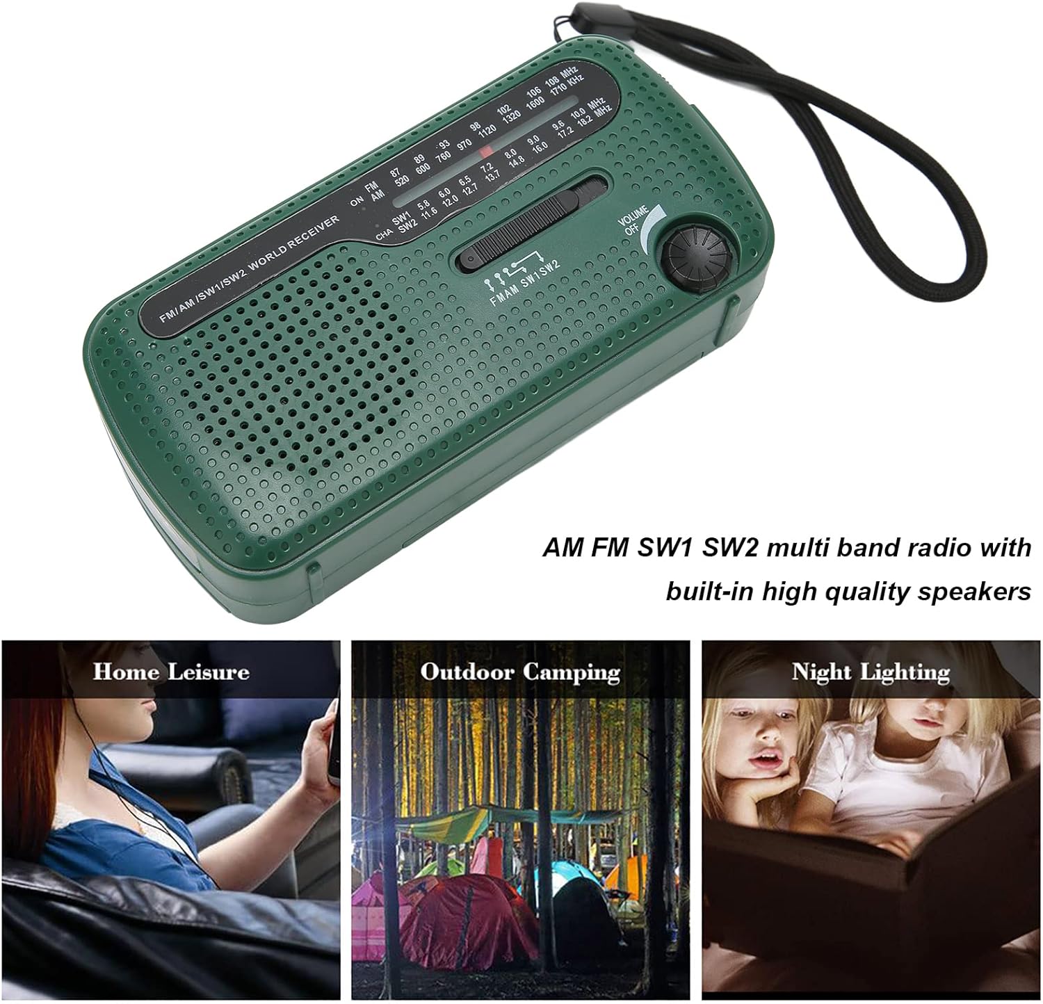 Linterna de emergencia, radio solar de manivela AM FM SW1 SW2 camping linterna LED multibanda camping radio de emergencia para exteriores (verde)