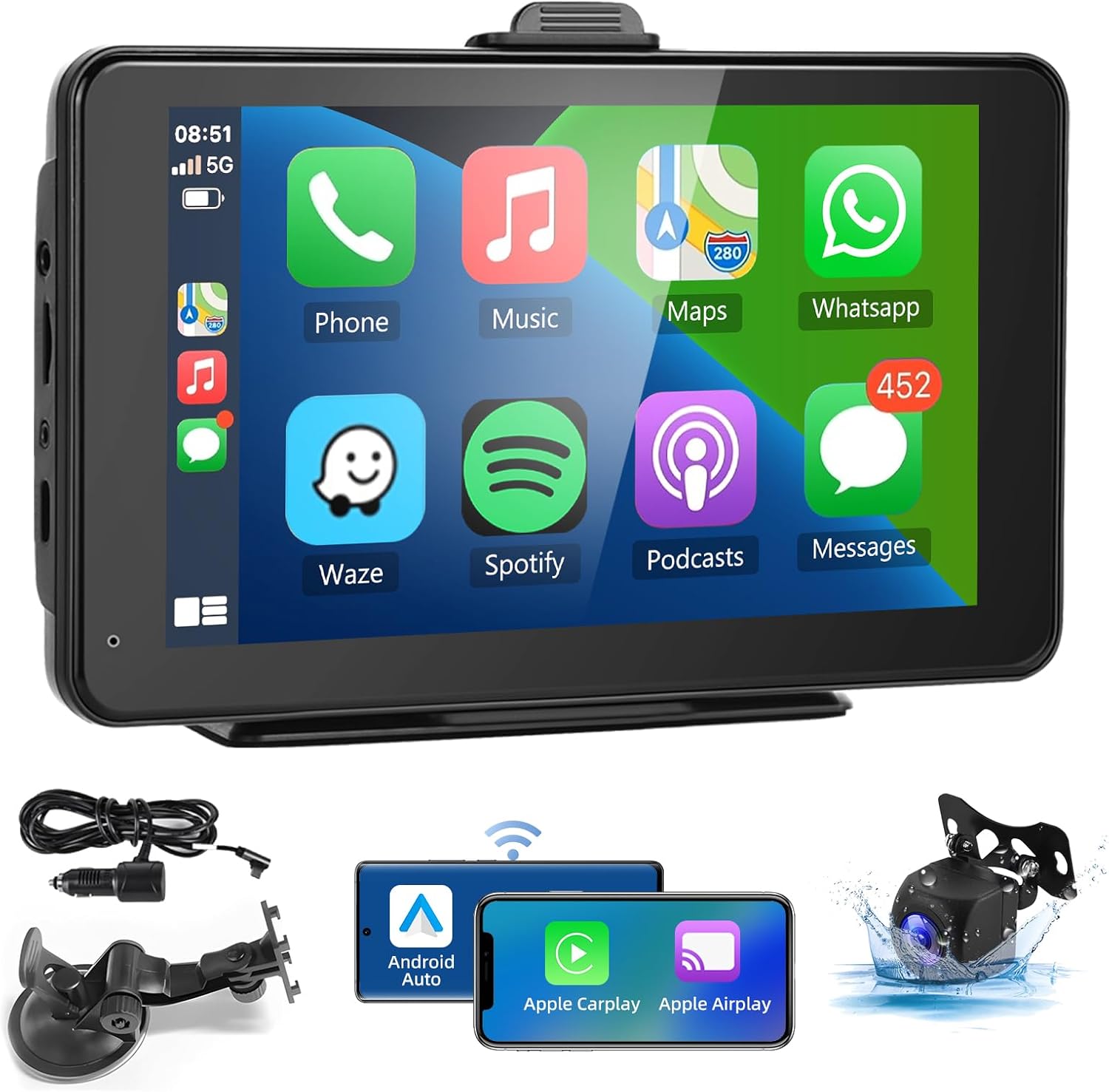 Pantalla portátil inalámbrica para coche con Apple Car Play HD cámara trasera para autos, camiones, camionetas, caravanas, podofo de 7 pulgadas,