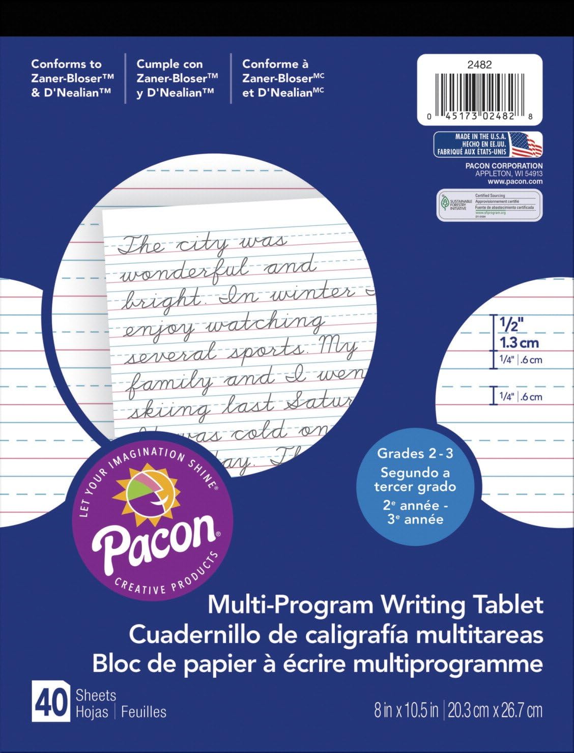 PACON – Papel de escritura PACON PAC2482, D’Nealian Grados 2 y 3  Zaner-Bloser grado 2, 12 x 14 x 14 pulgadas, rayado 8 x 10-12 pulgadas, corto a