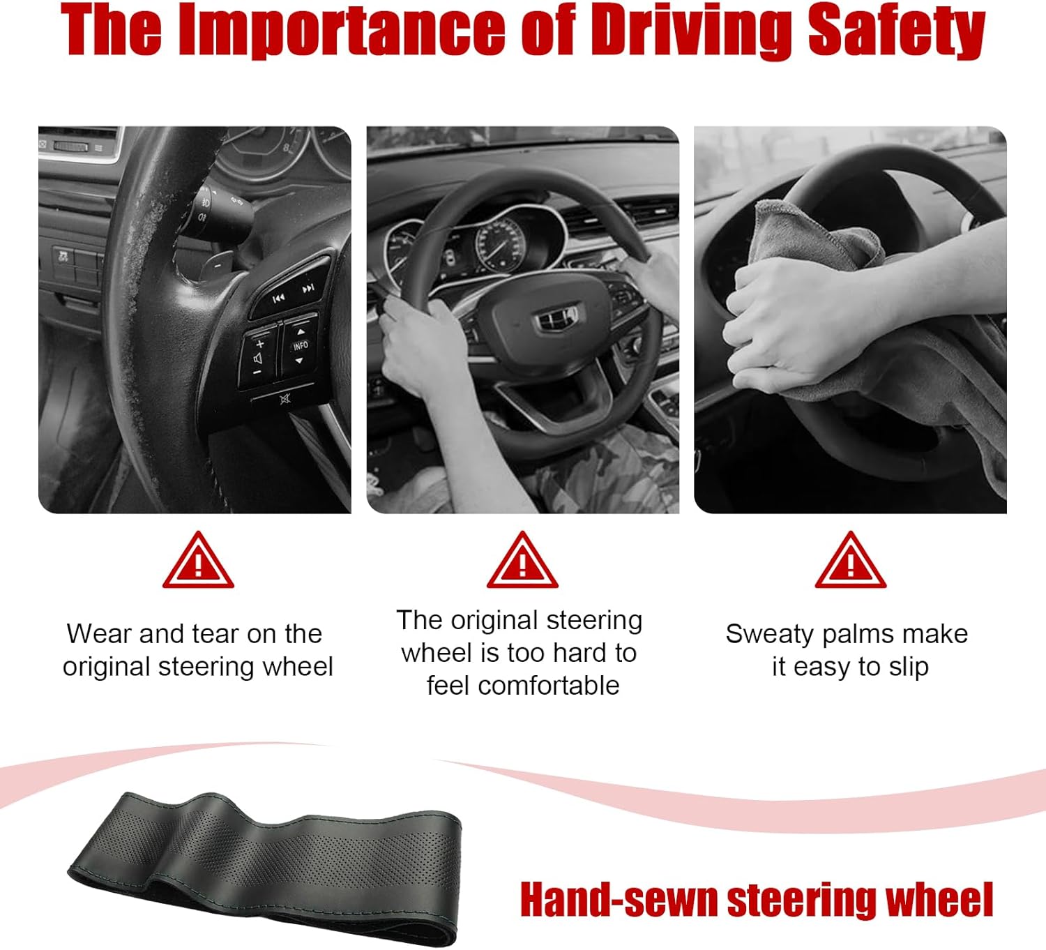 Funda de cuero para volante, protector transpirable antideslizante para volante de automóvil de diámetro máximo de 15 pulgadas, costura DIY con hilo