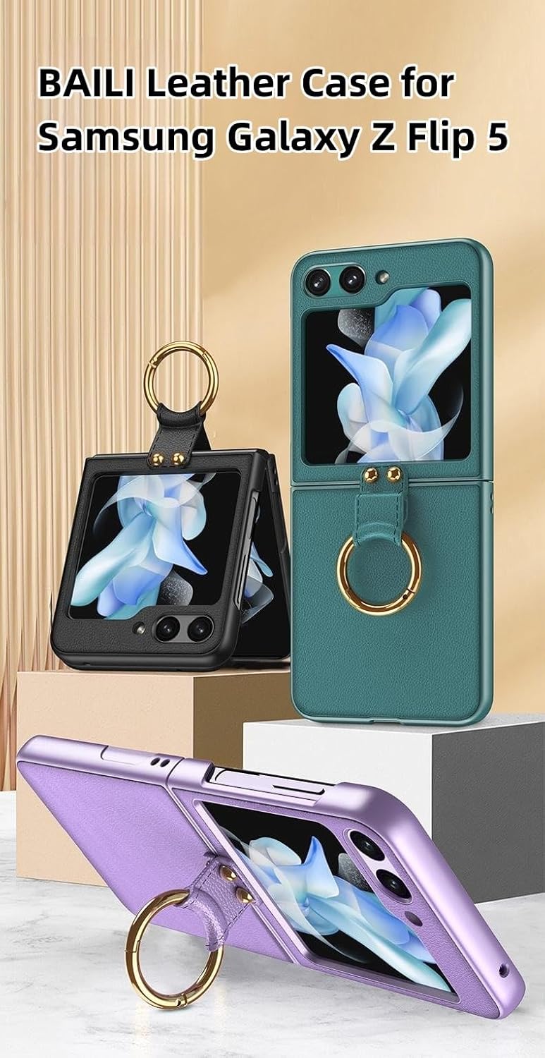 BAILI Funda de piel para Samsung Galaxy Z Flip5, Galaxy Z Flip 5 con anillo y película protectora de pantalla pequeña integrada, funda protectora