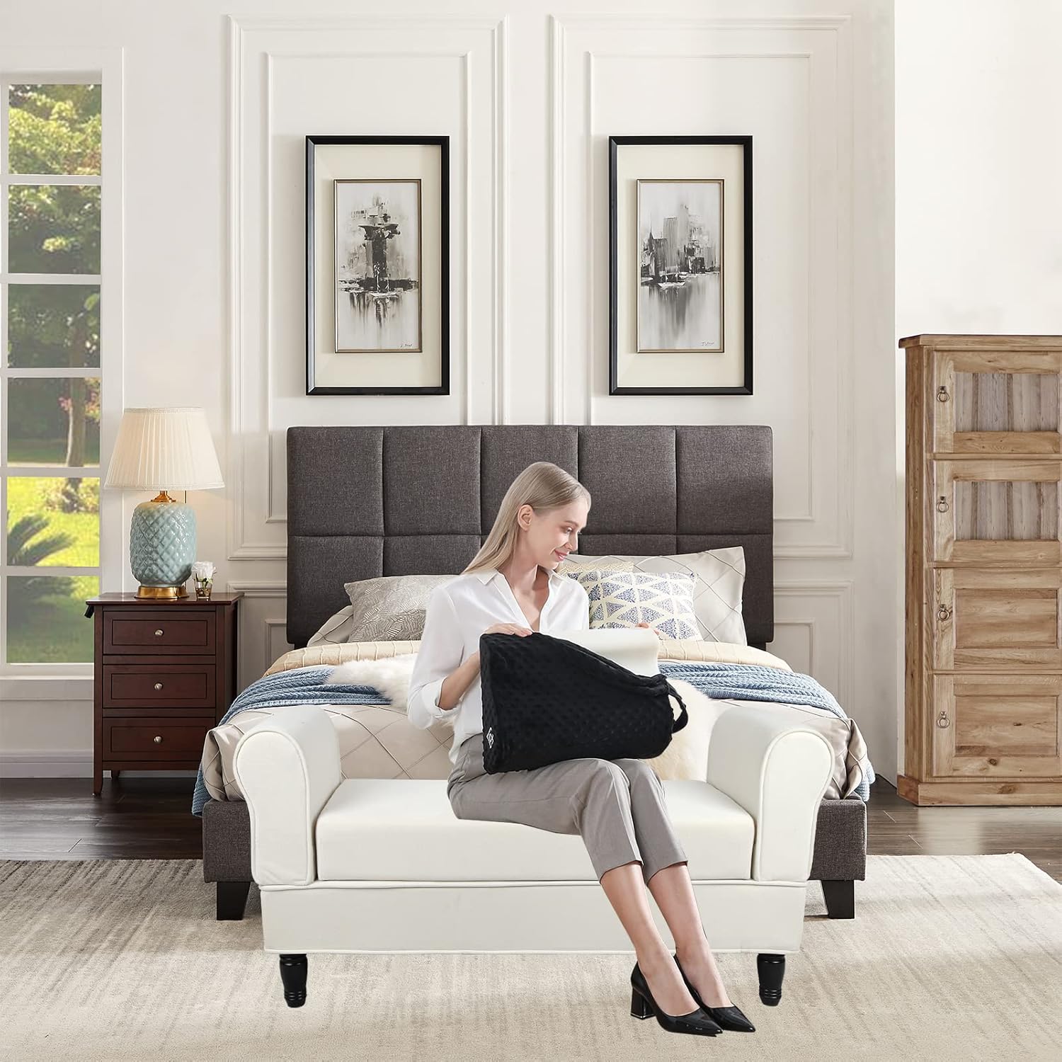 Banco otomano de almacenamiento, banco de terciopelo en el extremo de la cama con 2 otomanas pequeñas para dormitorio, banco de almacenamiento con