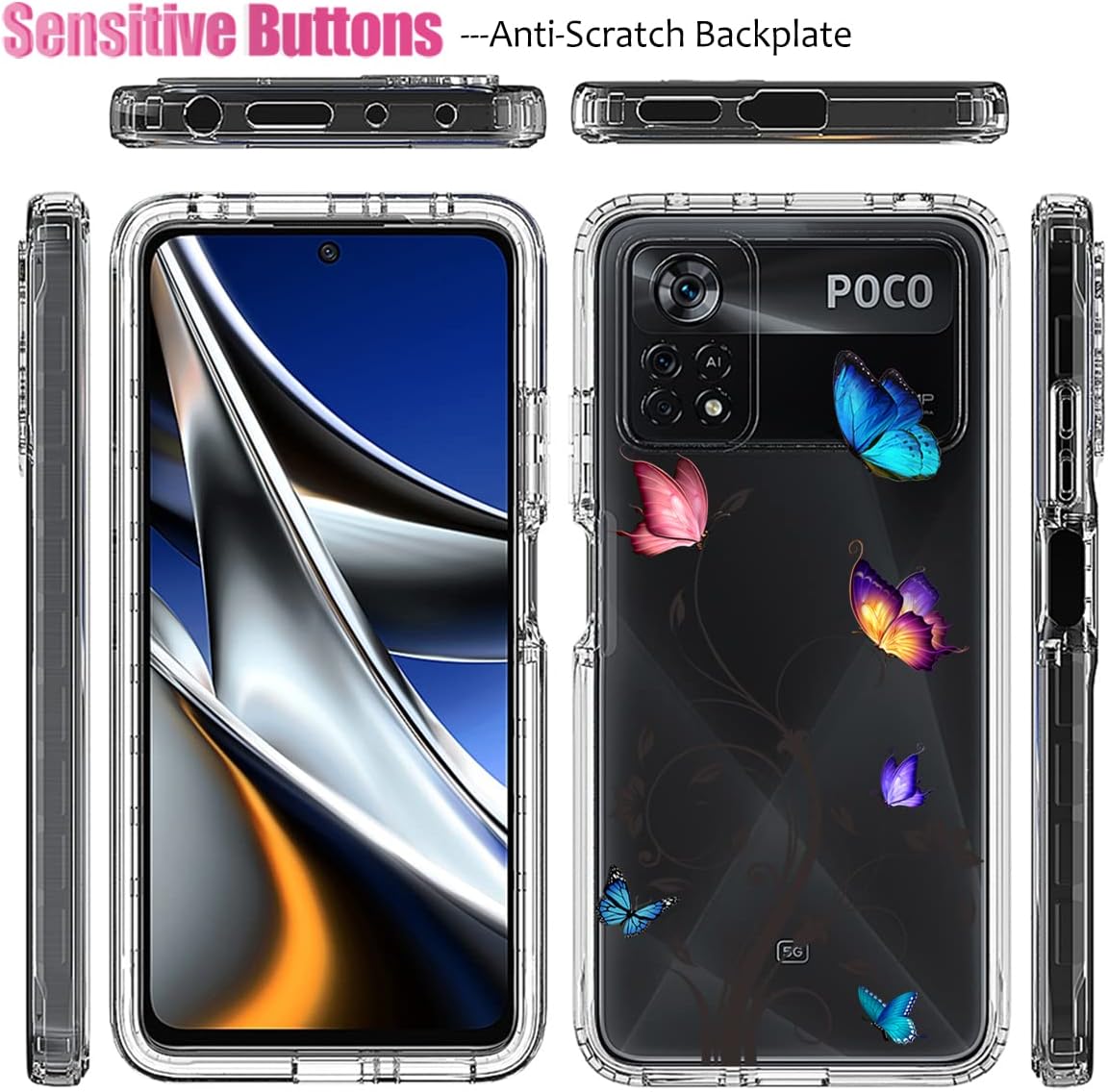 Vavies Funda para Poco X4 Pro 5G, 2201116PG Funda con protector de pantalla de vidrio templado, cuerpo completo transparente con diseño floral,