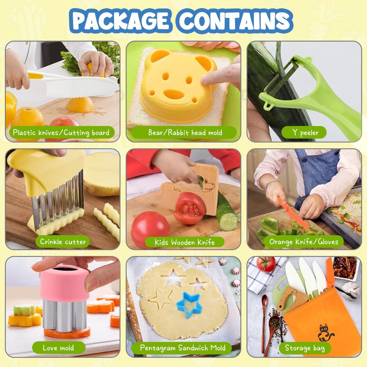 22 cuchillos de cocina de madera para niños, juego de cuchillos de cocodrilo con guantes, tabla de cortar frutas, verduras, cortadores arrugados,