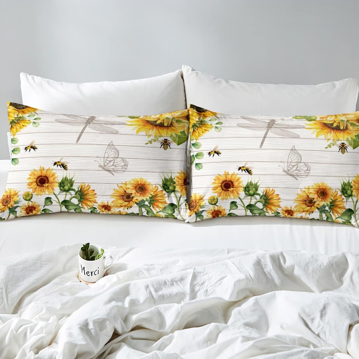 Juego de funda de edredón de girasol, flores amarillas y abejas, diseño de libélula y mariposa, para niños y niñas, ramas botánicas, temática de