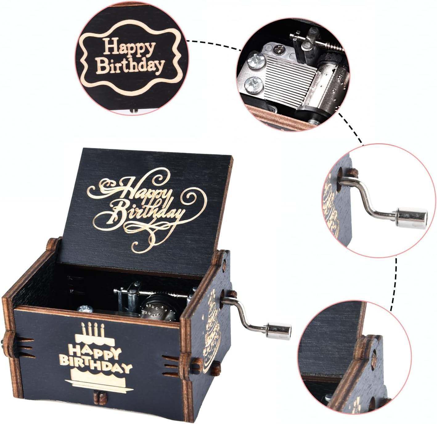 Happy Birthday Gifts Music Box,Wooden Hand Crank Engraved Musical Instrument with Melody, Happy Birthday Gift for MomDadDaughterSonWifeHusbandFriends