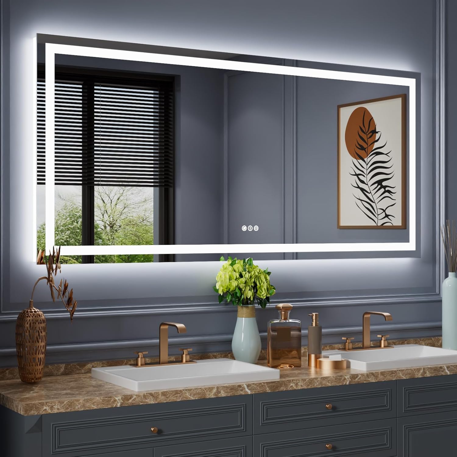 Amorho Espejo de baño LED grande de 77 x 36 pulgadas con luz frontal y retroiluminado, espejos de pared regulables sin pasos con antiniebla, a