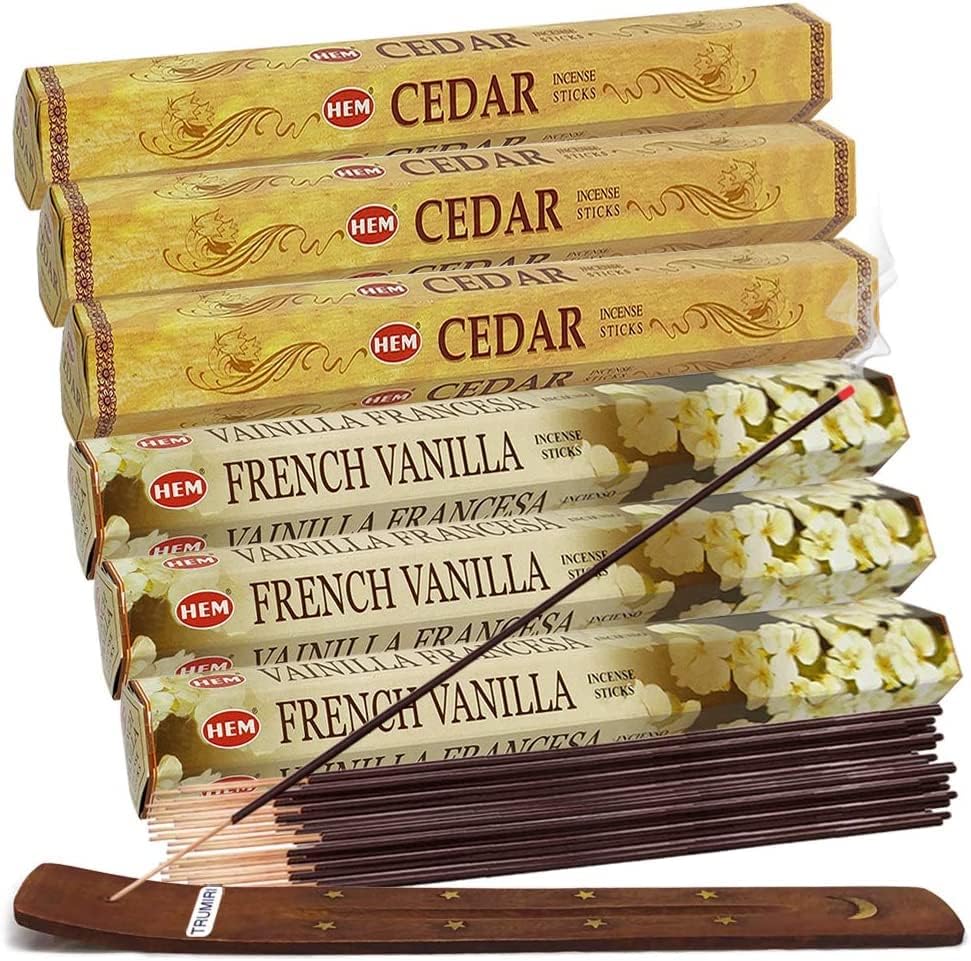 Varillas de incienso de vainilla francesa y varillas de incienso de cedro con soporte de incienso, paquete para fragancia del hogar y decoración