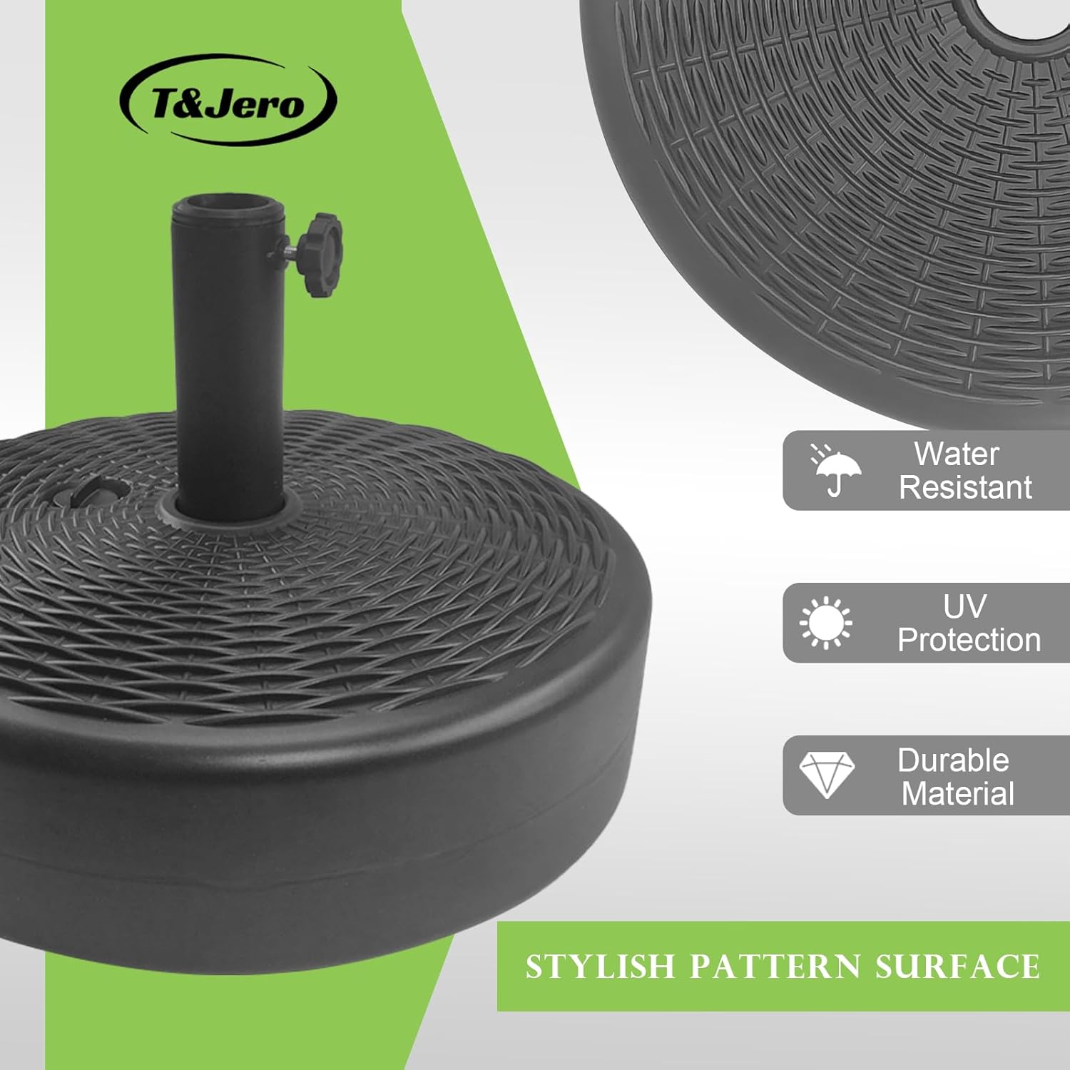 T&Jero Base redonda de plástico resistente para sombrilla de patio, peso para exteriores, 75 libras con relleno de agua y arena, color negro