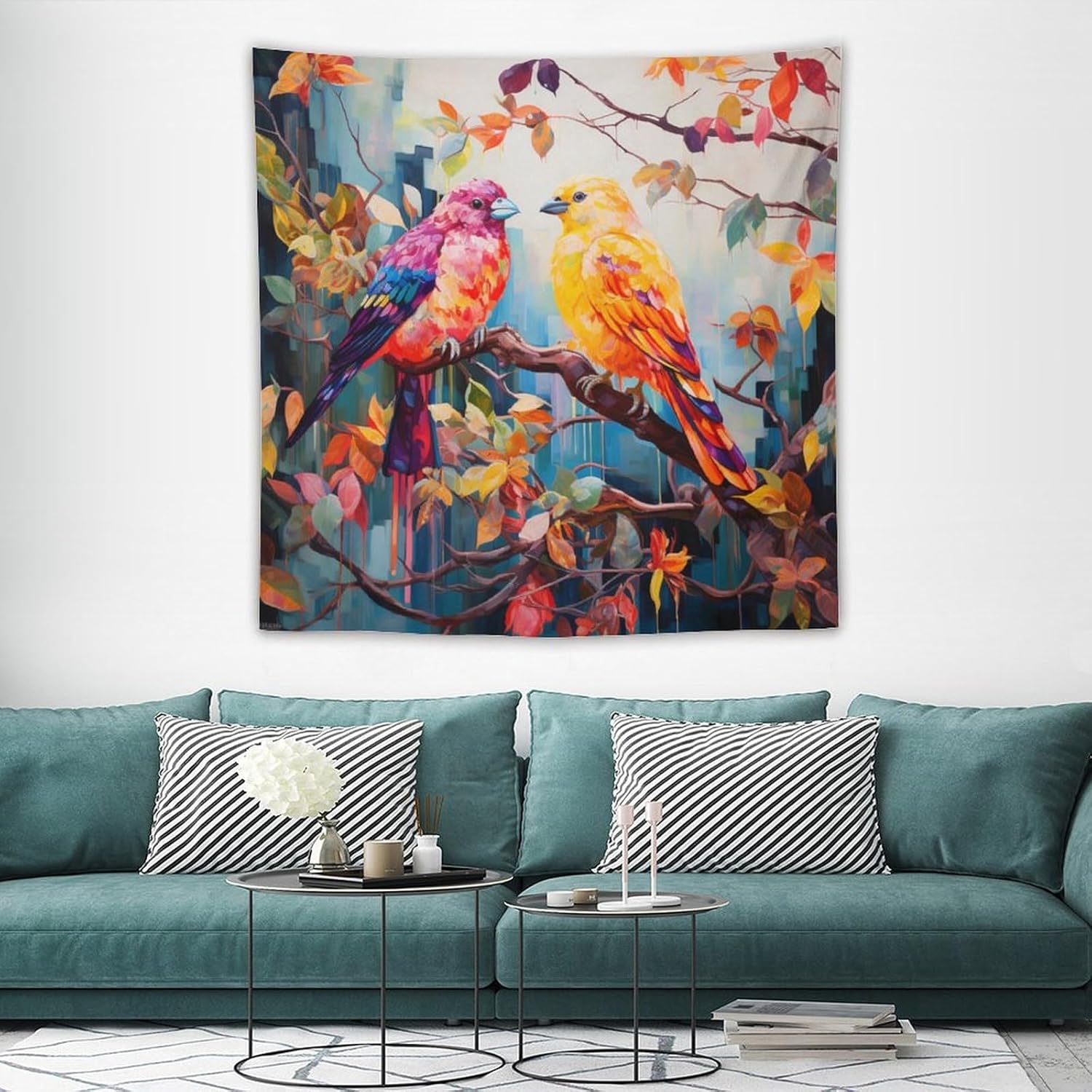 Tapiz de pájaros coloridos sentados en una rama de árbol colorido, tapiz artístico para dormitorio, estético, colorido pájaro volador, tapiz