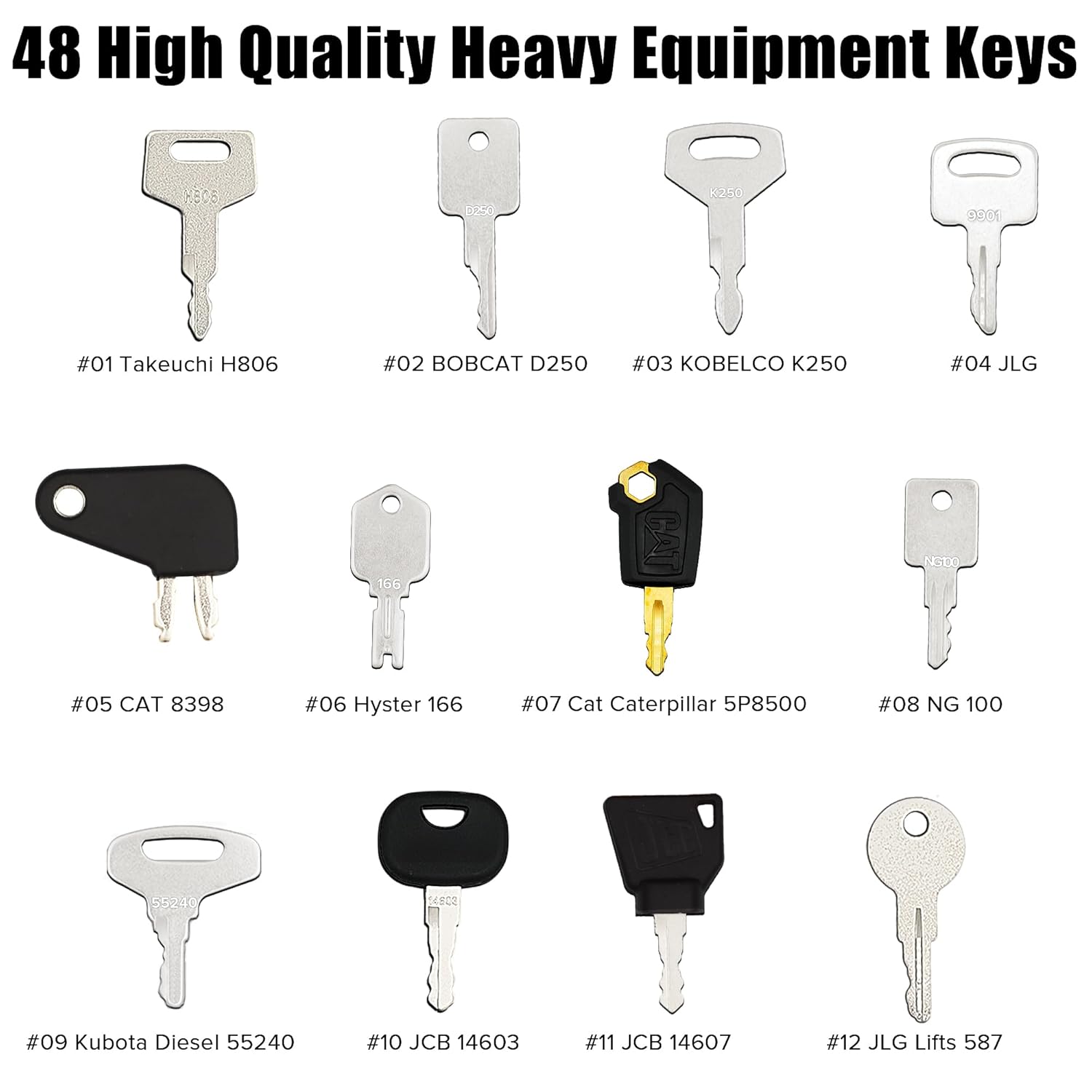 Juego de 48 llaves maestras de encendidollaves de equipo pesado para JD John Deere Hyster Komatsu Cat Key Kubota Yanmar Takeuchi Ford New Holland