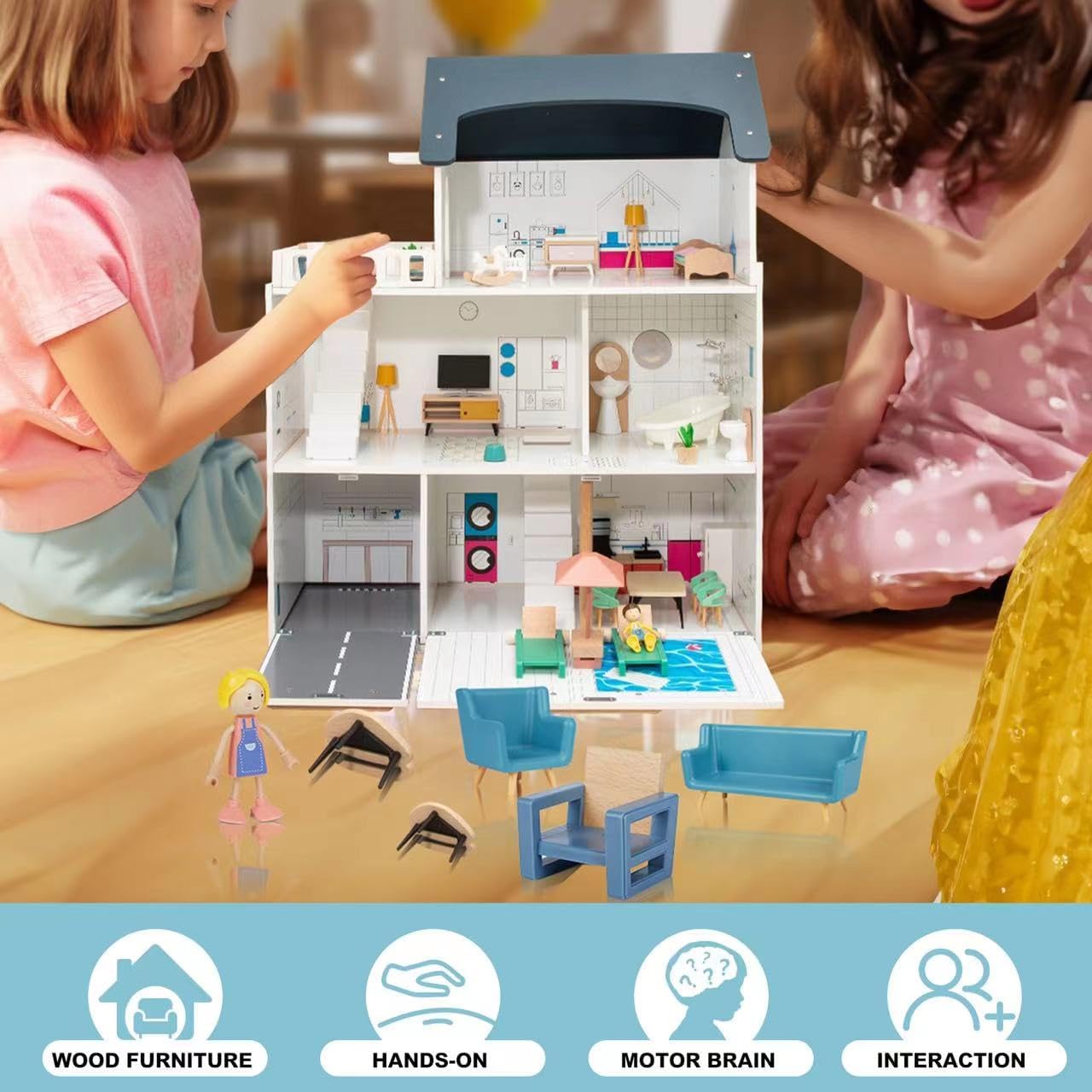 Juego de muebles de casa de muñecas de madera, 43 muebles y accesorios para casa de muñecas con 5 muñecas familiares, muebles de casa de muñecas en