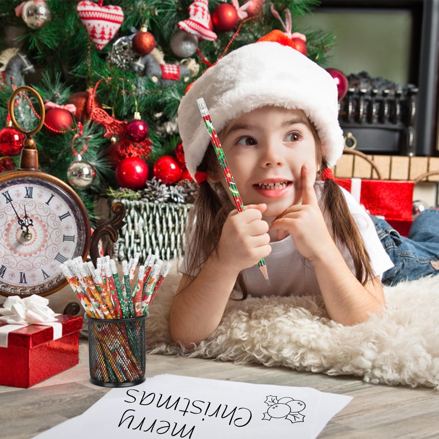 Lápices de Navidad con borrador, 32 lápices temáticos de Navidad con Papá Noel, alce, árbol de Navidad y copo de nieve para niños, suministros de