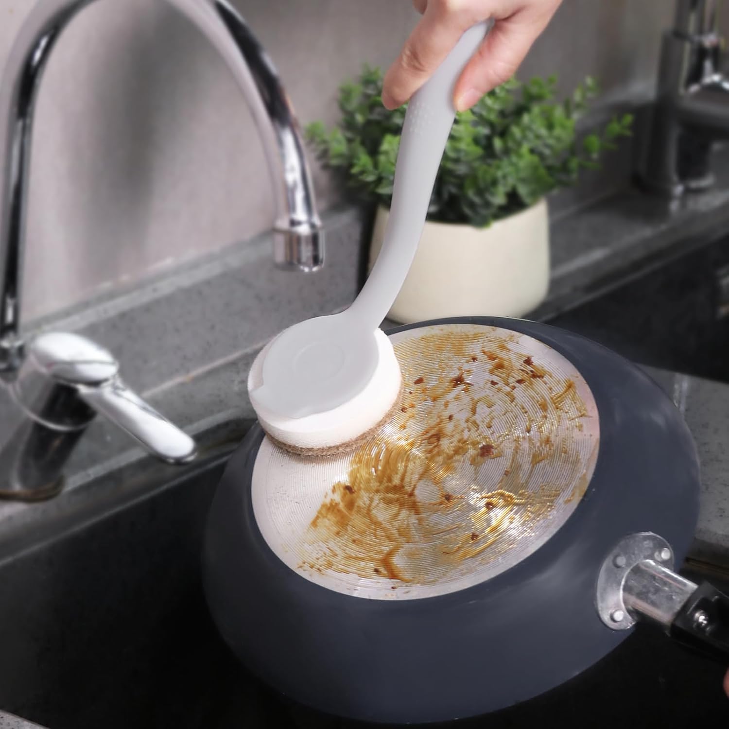 DrDirt Esponja de cocina con asa, 2 esponjas redondas de pulpa de madera y 1 esponja de limpieza redonda para fregar, antiarañazos, uso multiusos