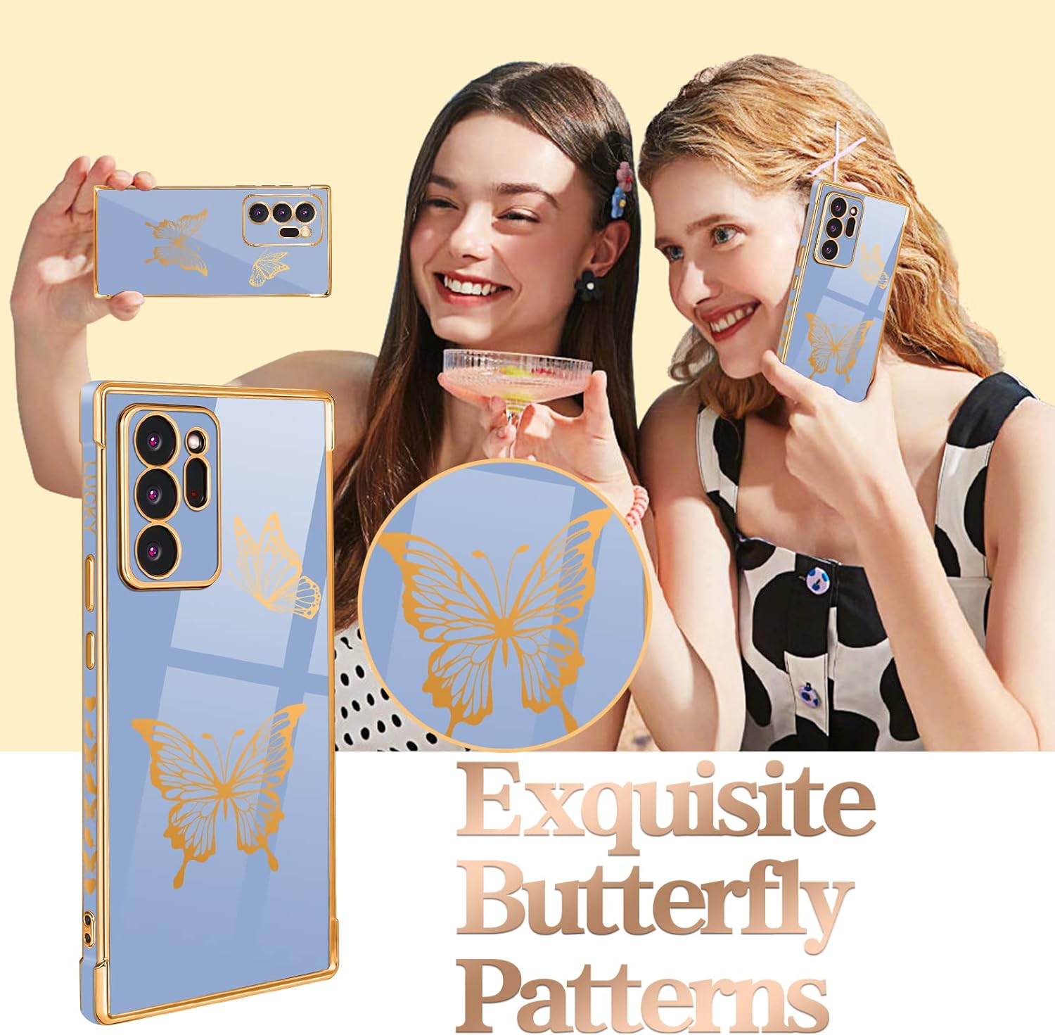 Coralogo Funda para Samsung Galaxy Note 20 Ultra con diseño de mariposas para mujeres y niñas, bonito diseño de mariposas chapado en oro azul con