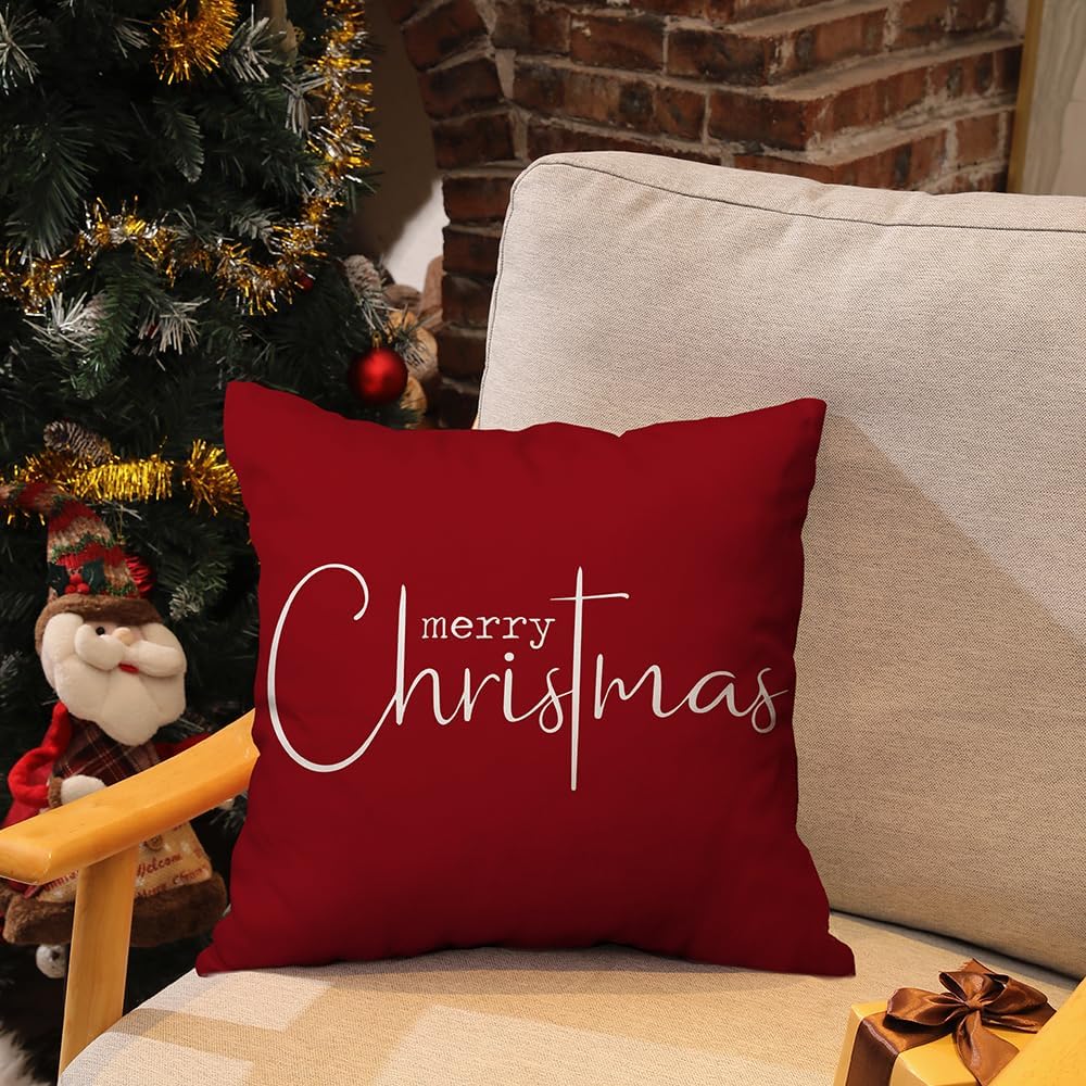 Fundas de almohada navideñas con texto en inglés Merry Christmas, decorativas, de tela de algodón, color rojo, de lino, funda de almohada para sofá,