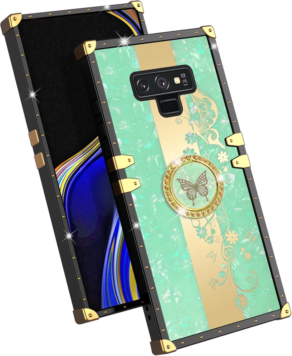 Para Samsung Galaxy Note 9 Caja De Teléfono Cuadrado Con Soporte De Anillo De Las Niñas Mujeres Cubierta Protectora A Prueba De Golpes De Lujo –