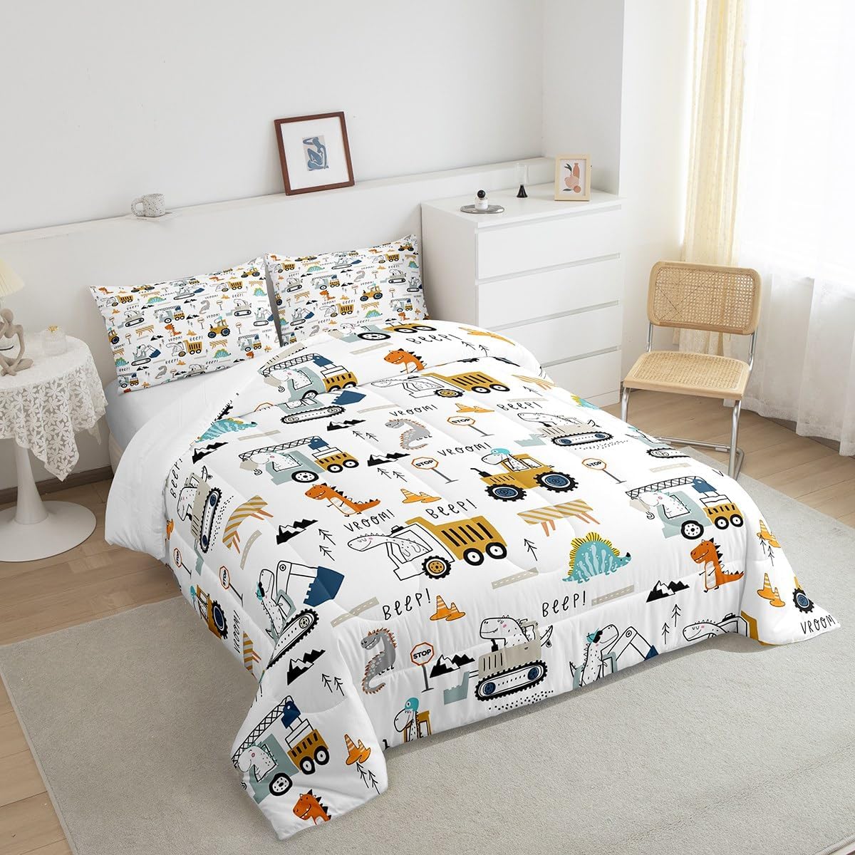 Feelyou Juego de ropa de cama de construcción, tamaño individual, con equipamiento de camiones, para niños y niñas, decoración de dinosaurios,