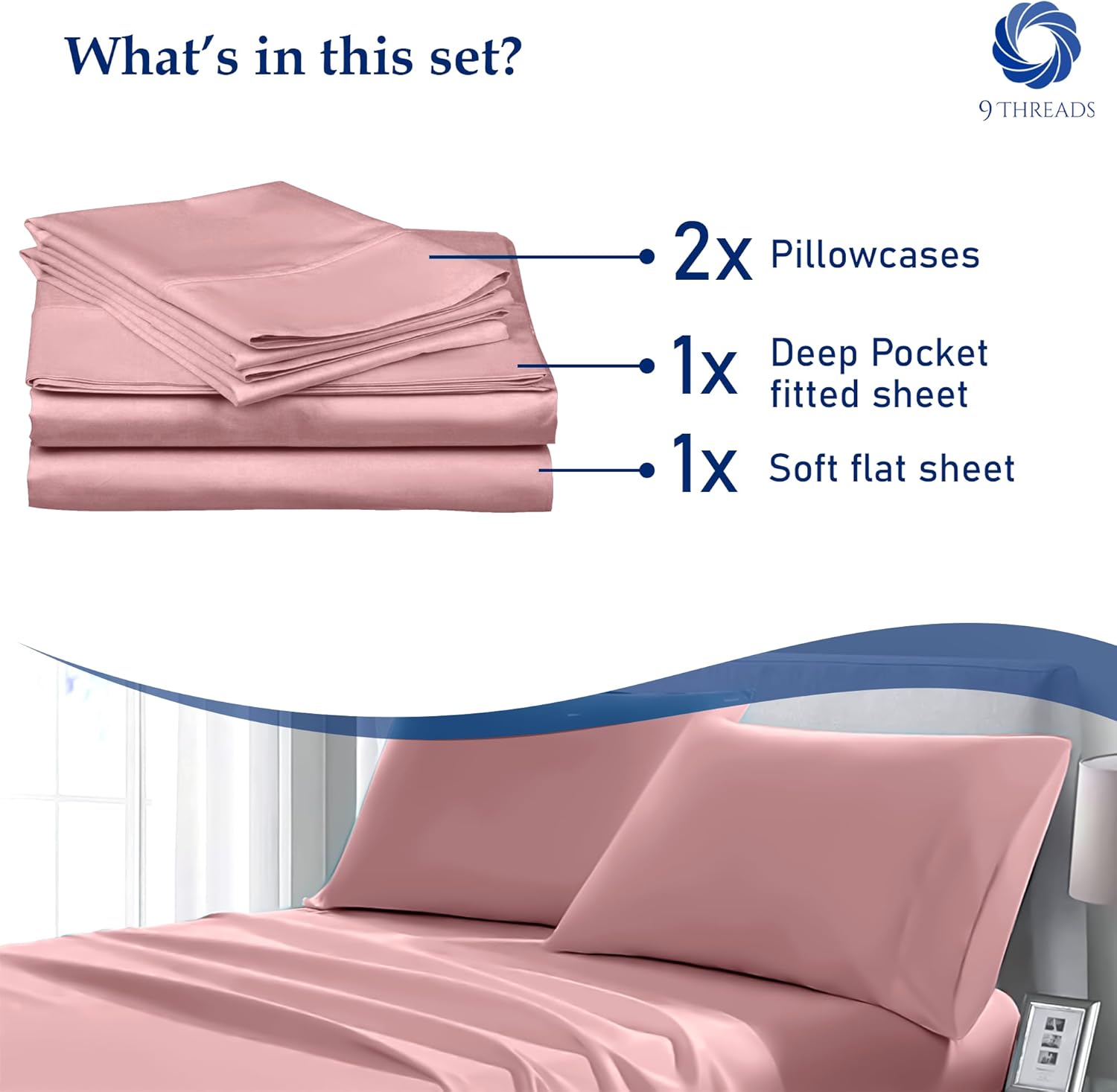 9Threads Sábanas de satén 100 % algodón de 400 hilos, con bolsillo profundo, sábanas de algodón vigorosas, frescas y fuertes (rosa claro,