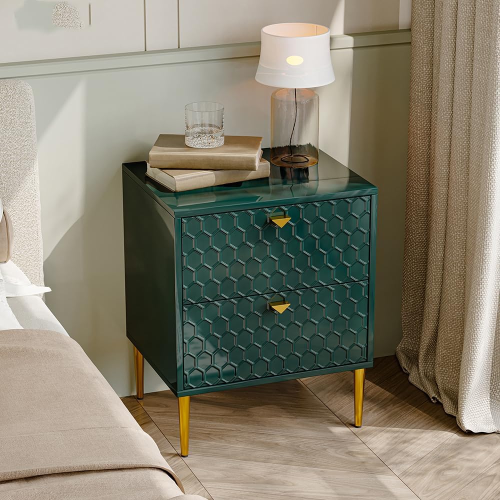 Mesita de noche con 2 cajones, elegante armario de noche de alto brillo con pomos de latón para sala de estar, dormitorio, verde