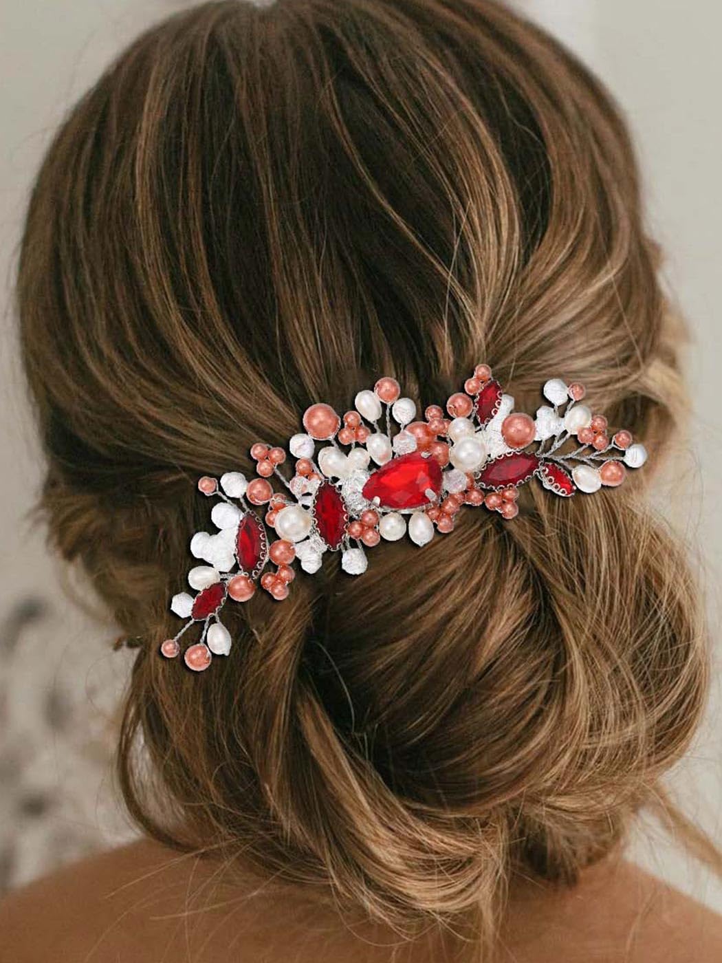 Brishow Peine de pelo rojo con diamantes de imitación de cristal, para boda, pieza de pelo de ópalo vintage, accesorios para el cabello para mujeres