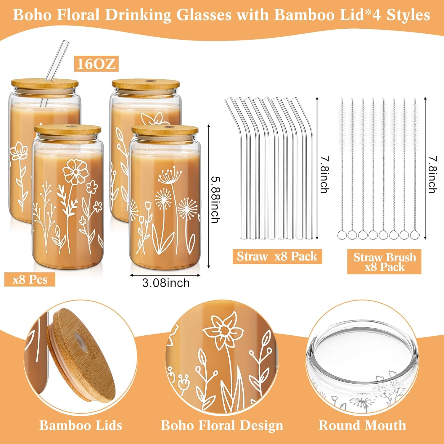 Mumufy Paquete de 8 vasos de cristal para mujer, taza de dama de honor, taza de café helado estética de 16 onzas con tapa de bambú y pajita, regalo