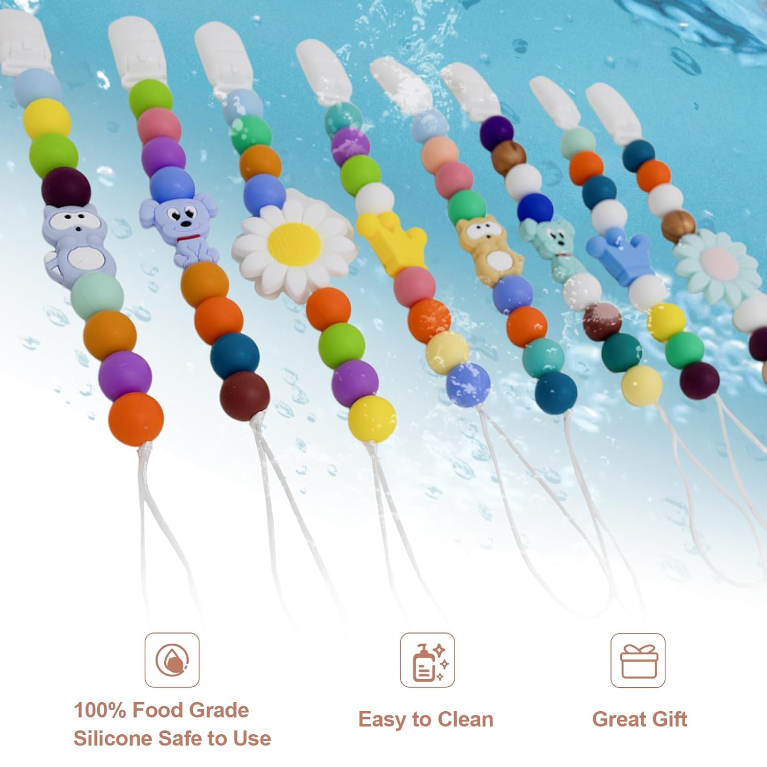 Paquete de 4 clips para chupete de bebé, clip de silicona para chupete para bebés niñas y niños, lindo clip de chupete de dibujos animados colorido