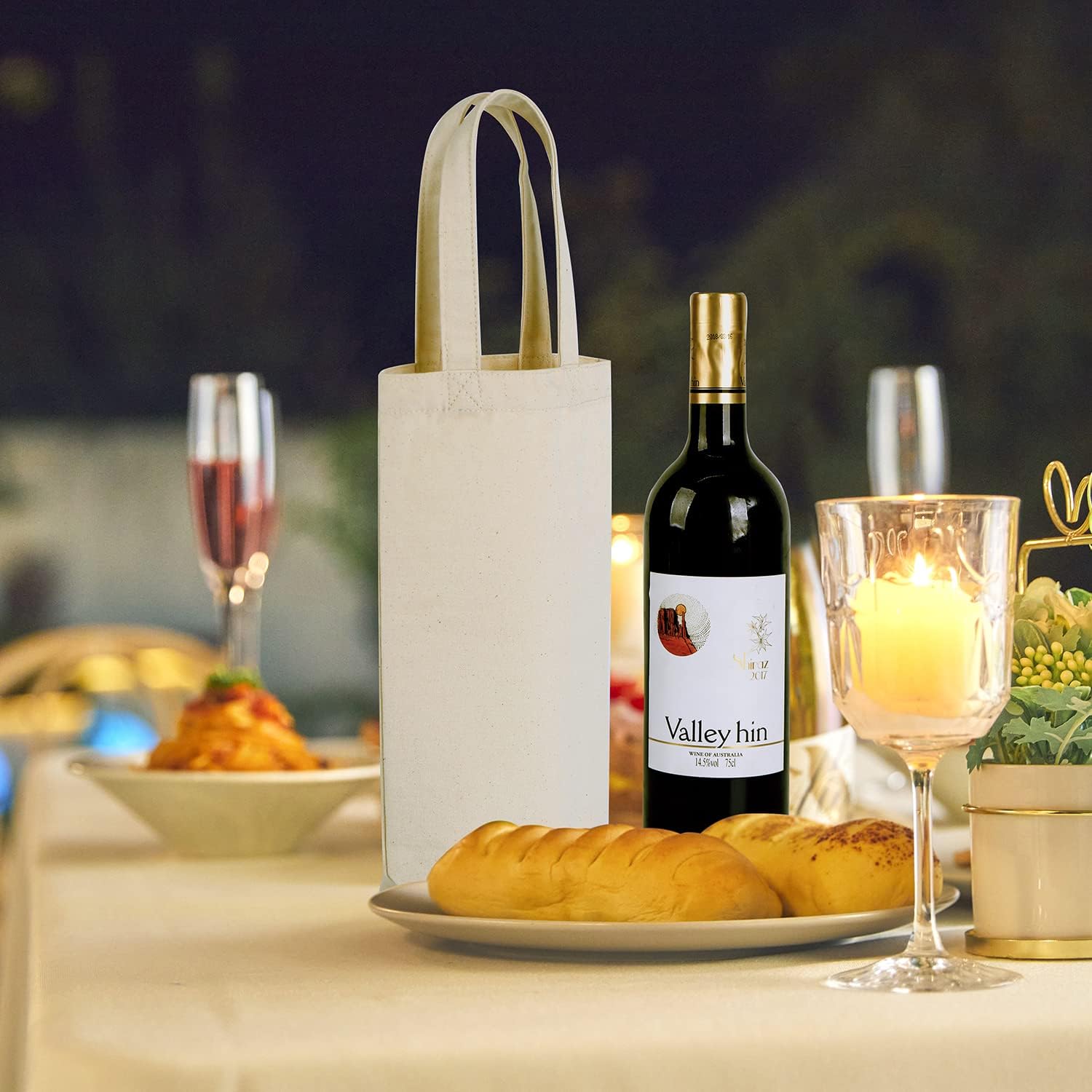 Bolsa de vino, 10 x 7 x 2 pulgadas, 4 bolsas reutilizables de lona de algodón con etiqueta de cordón, Gris