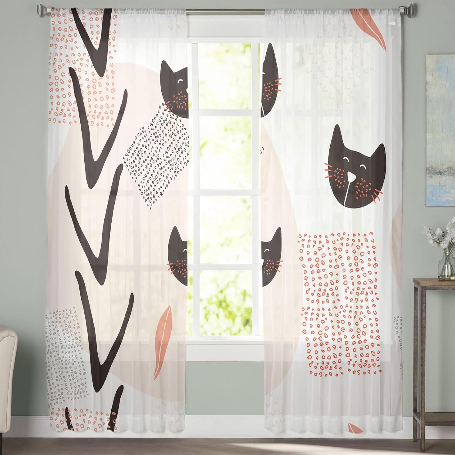 Sheer Curtains 96 Inch Long Modern Fashion Cat Rod Pocket Voile Semi-Sheer Window Treatment Drapes for Living Room Window Sliding Door 2 Panels 52″