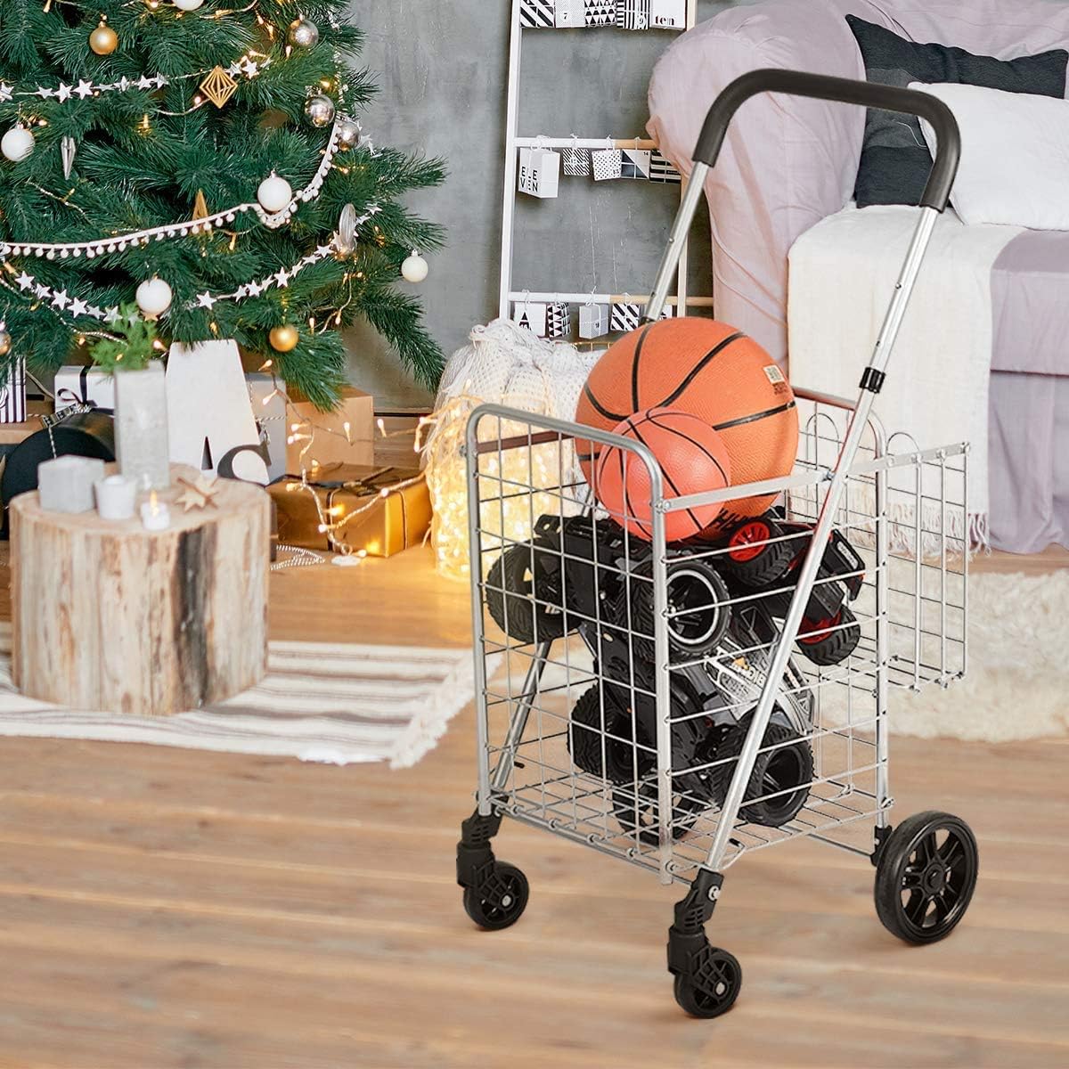 Carrito de compras plegable, carrito de supermercado de doble cesta con barra de mango ancho ajustable y ruedas giratorias, adecuado para libros de