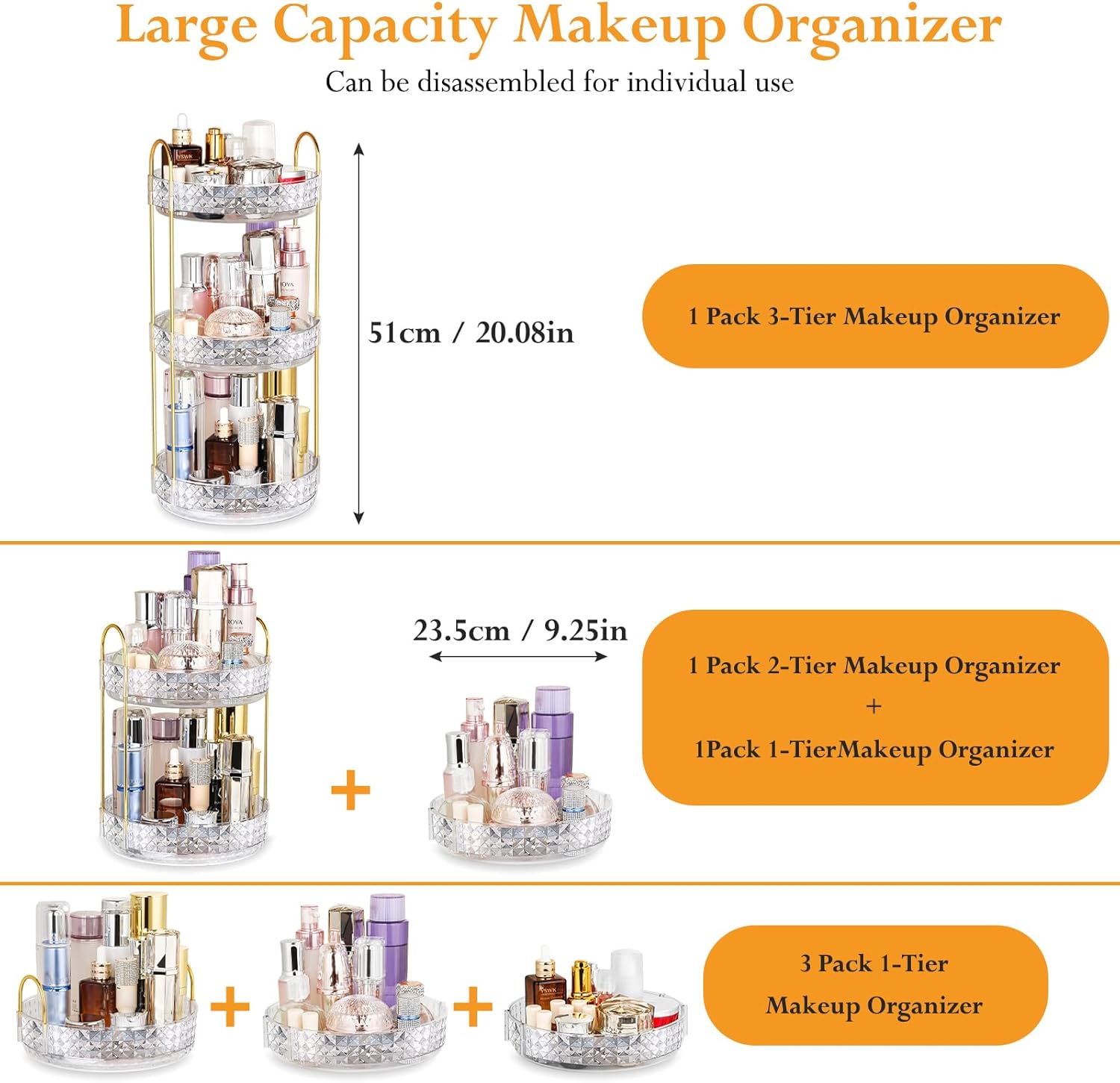 Organizador de maquillaje giratorio de 360 para tocador, organizador de maquillaje de 3 niveles de gran capacidad, organizador de maquillaje,
