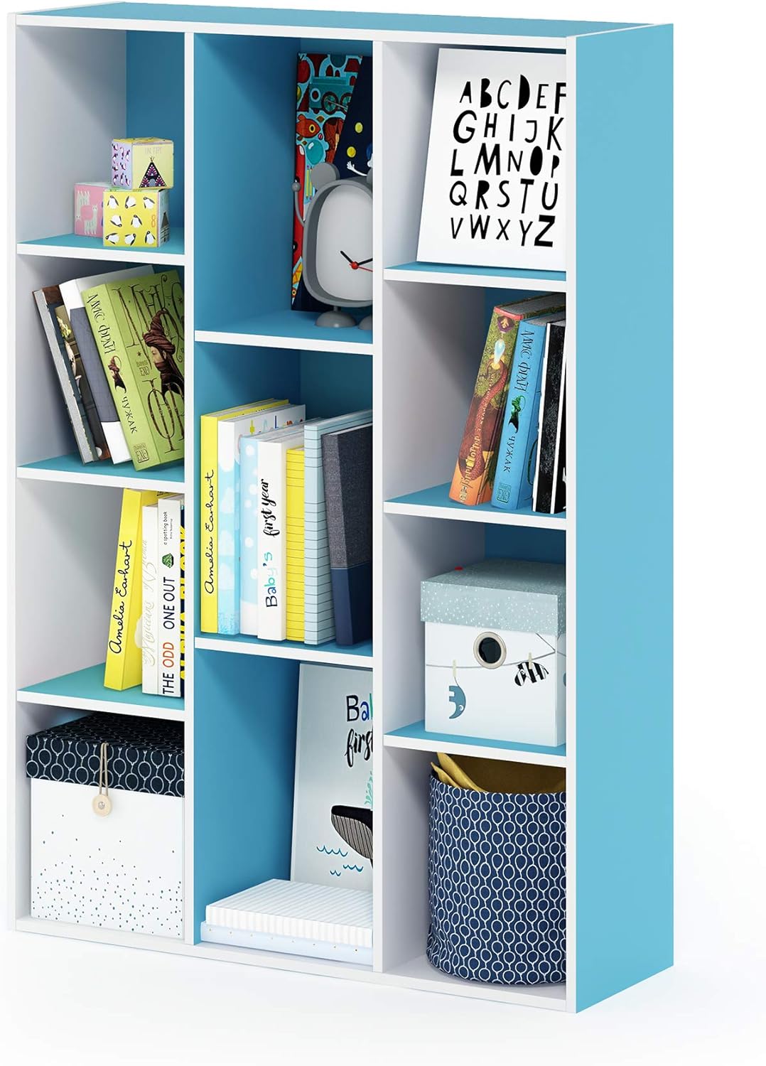 Furinno Luder – Estantería para libros, 11 cubos, color blanco y celeste