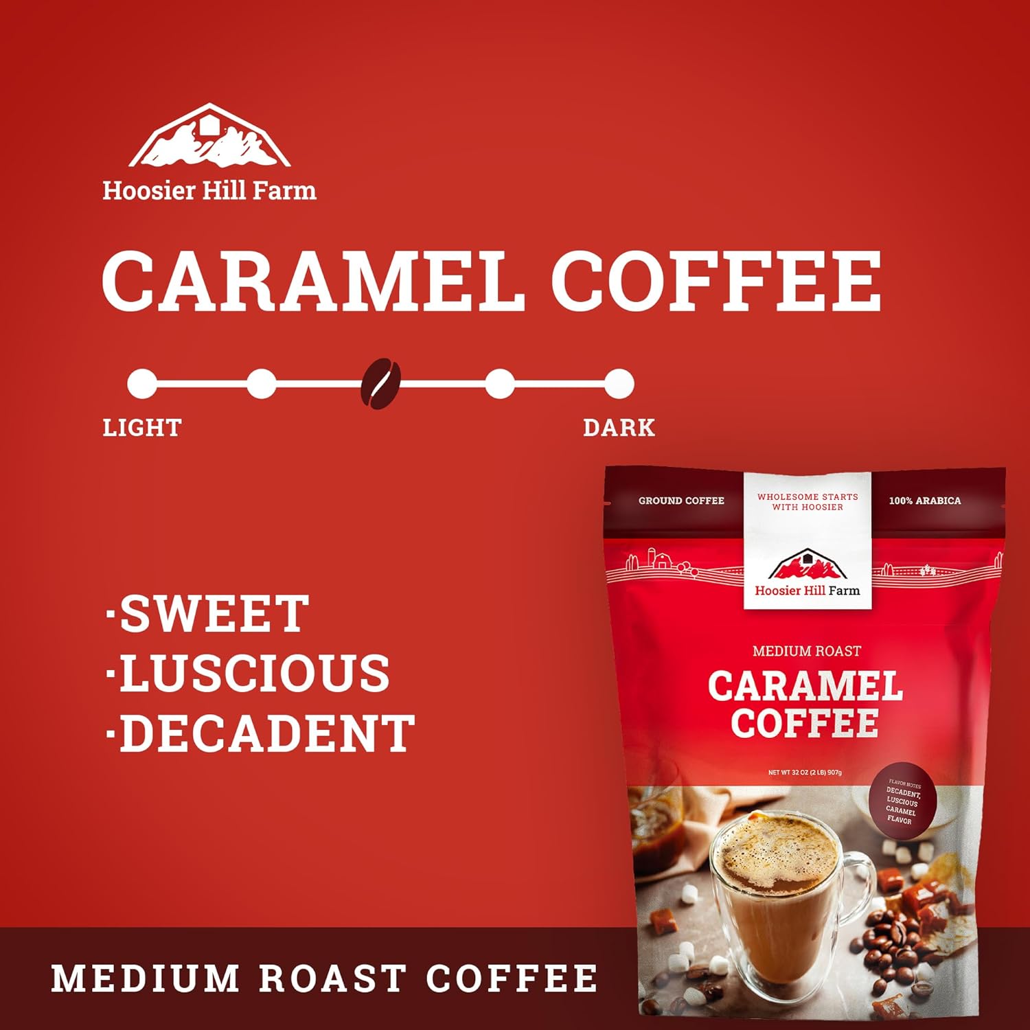 Hoosier Hill Farm Café molido con sabor a caramelo, tostado medio, 32 onzas (2 libras), bolsa resellable