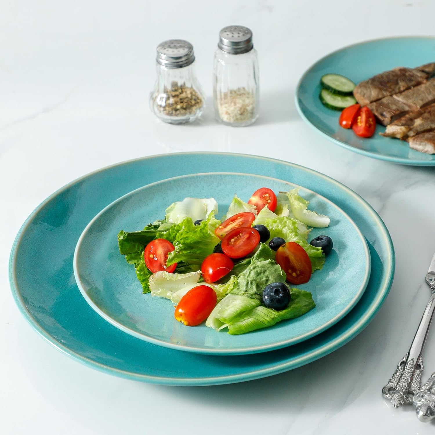Juego de 4 platos llanos de cerámica verde claro de 8 pulgadas, platos de ensalada de porcelana para pizza, pasta, postre, aperitivos, aperitivos