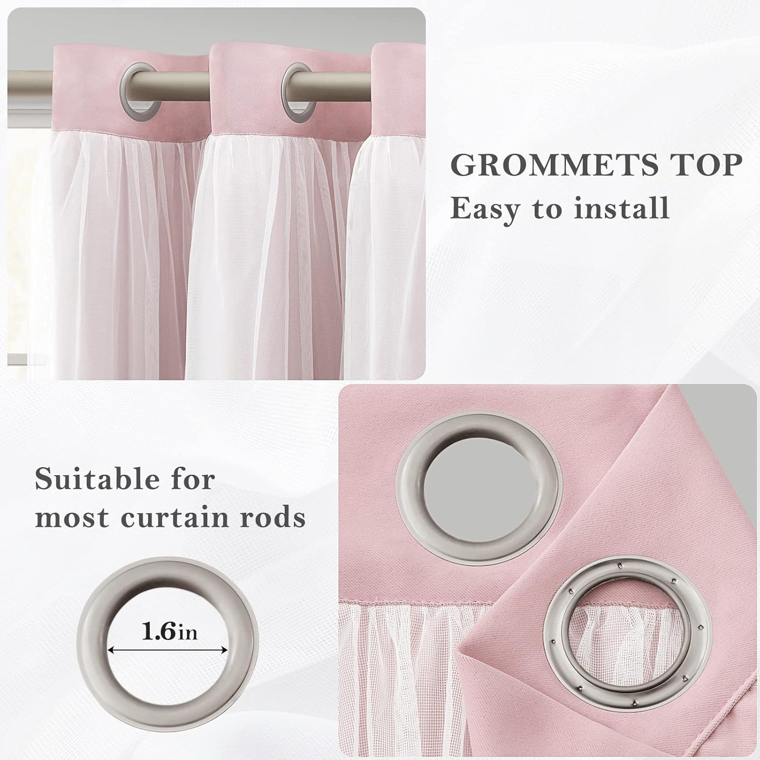 HOMEIDEAS Cortinas opacas de doble capa de color rosa de 63 pulgadas de largo, 2 paneles de cortinas para habitación de niñas y niños, cortinas