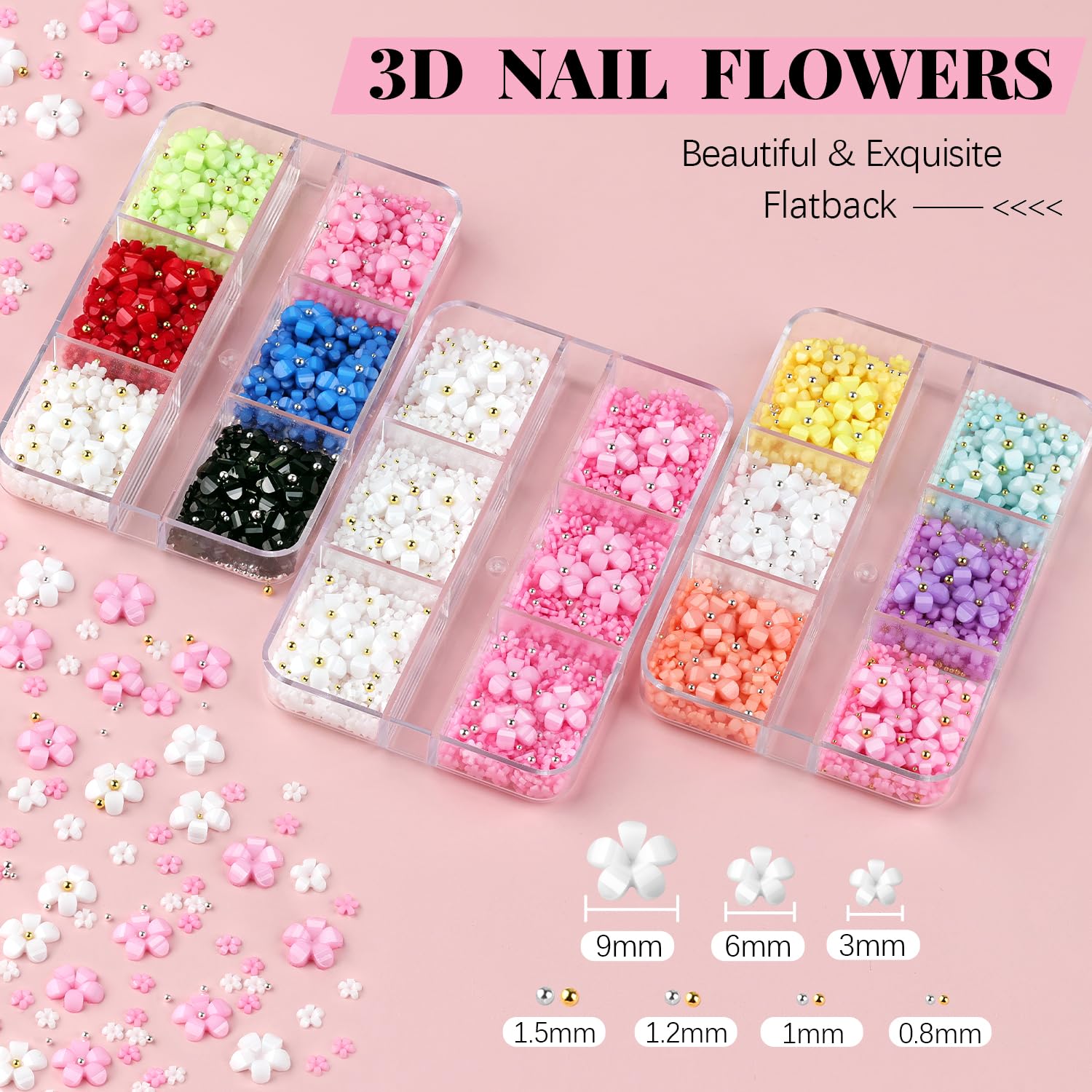 Flores 3D, kit de manicura con gel de pegamento de diamantes de imitación, coloridos dijes de uñas acrílicas con cuentas de caviar, diamantes de