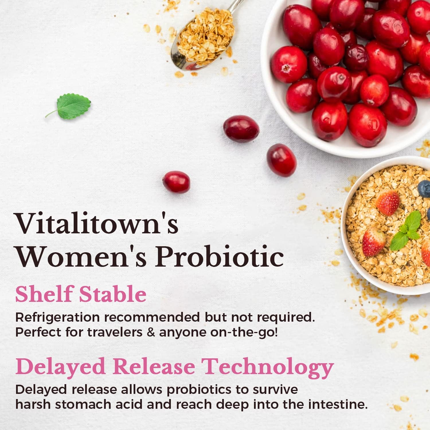 VITALITOWN Probióticos para mujeres 120 mil millones de UFC 1 diario, 30 cepas, con prebióticos y enzimas digestivas y arándano, salud intestinal y
