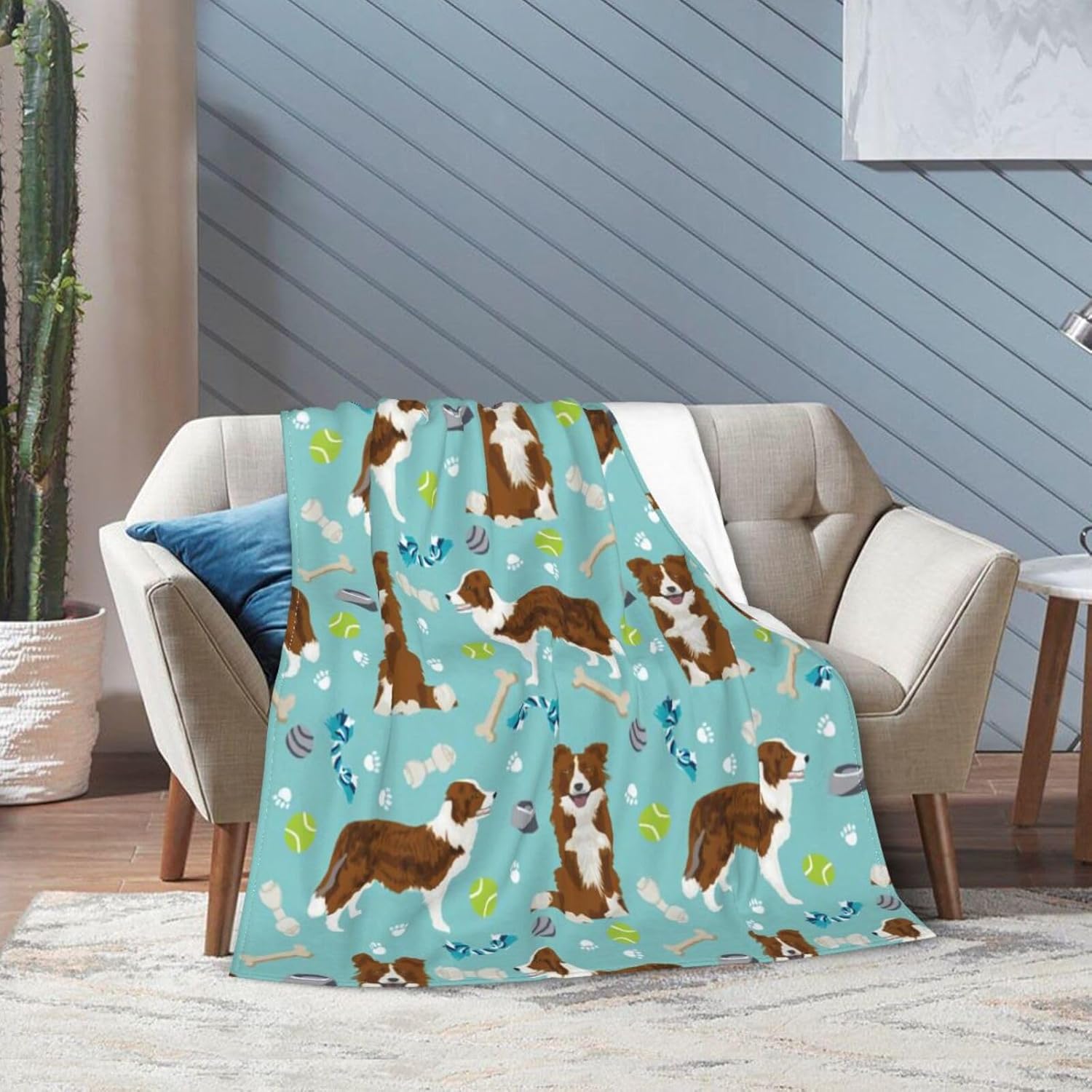 Xoeiran Manta de franela de felpa de vellón, lindo perro y juguetes de Border Collie y juguetes ligeros y reclinables, ropa de cama con aire