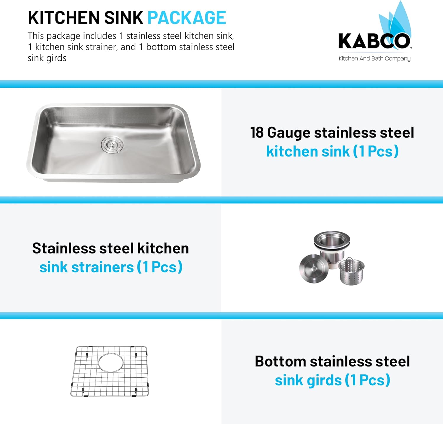 KABCO Fregadero de cocina de acero inoxidable de 30 pulgadas compatible con la ADA, con colador de fregadero, cesta de basura extraíble y rejilla de