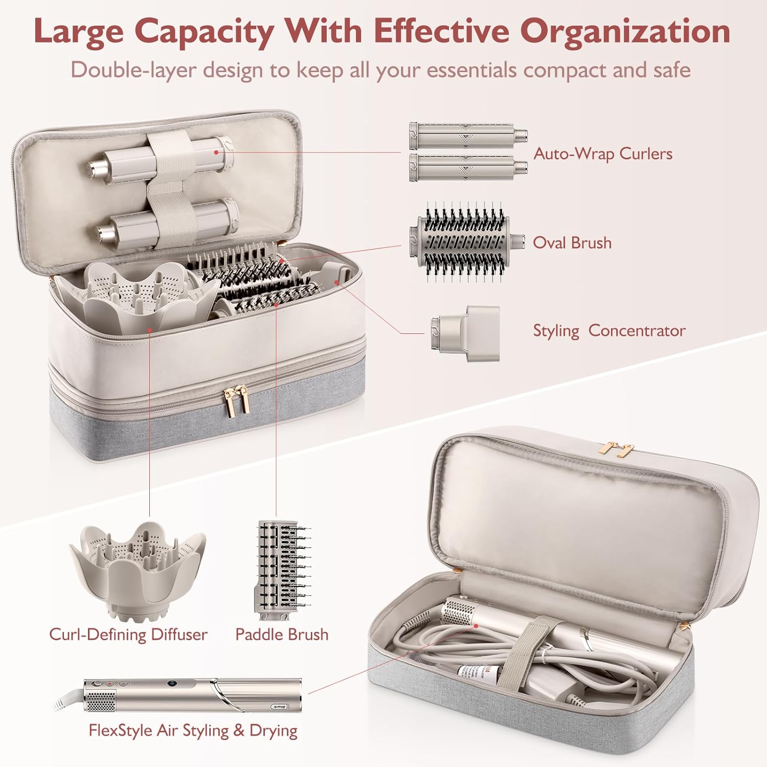 Estuche de transporte de viaje para secador de pelo Shark Flexstyle Dyson Airwrap Brush de doble capa, accesorios para el cabello, bolsa de