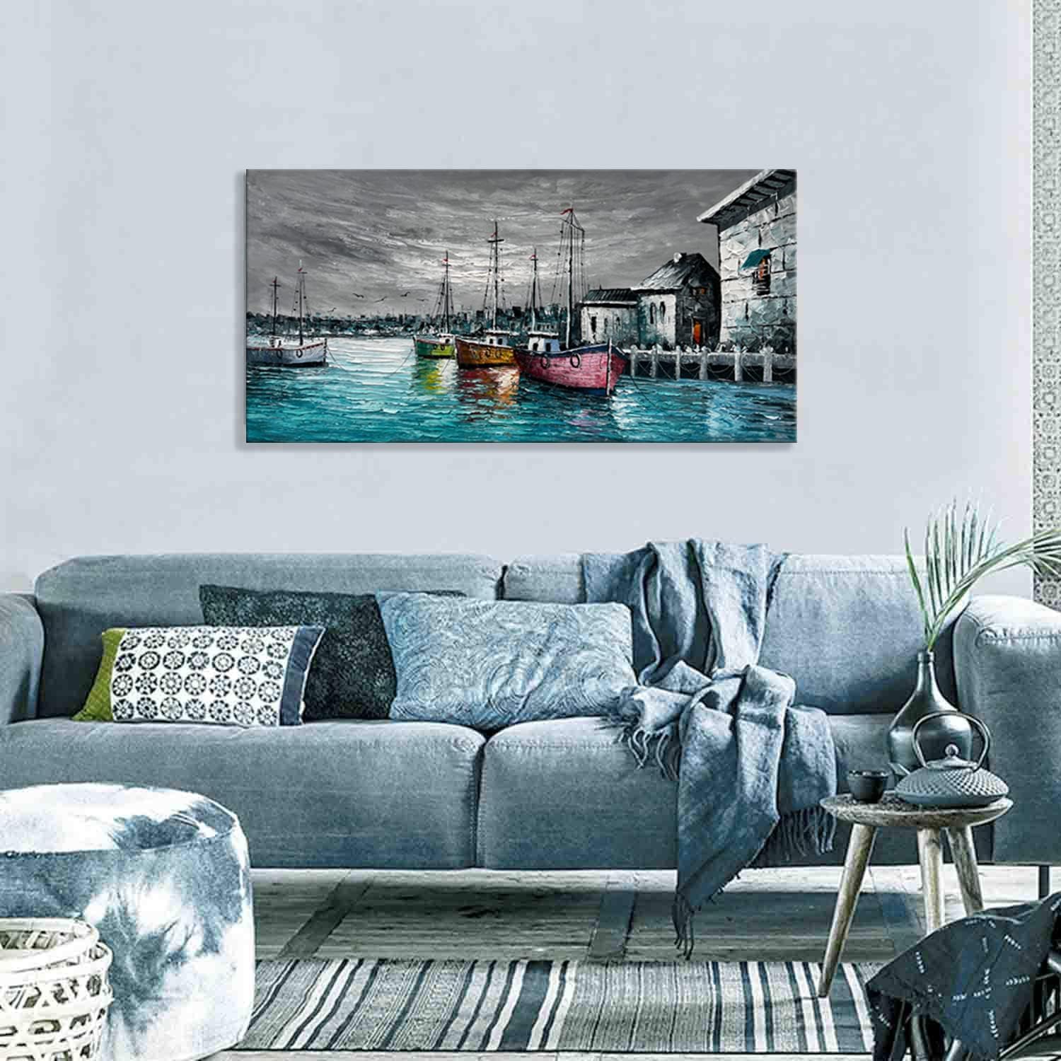 zoinart Lienzo grande pintado a mano de 48 x 24 pulgadas, pinturas abstractas para pared, textura contemporánea, arte de pared de muelle, paisaje,
