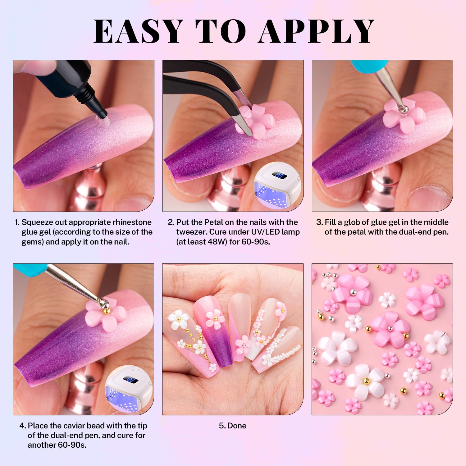 Flores 3D, kit de manicura con gel de pegamento de diamantes de imitación, coloridos dijes de uñas acrílicas con cuentas de caviar, diamantes de
