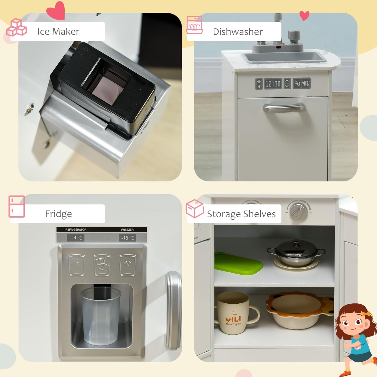 Qaba Juego de cocina de madera para niños pequeños, juguete de simulación para niños con luces, sonidos, delantal y sombrero de chef, máquina de