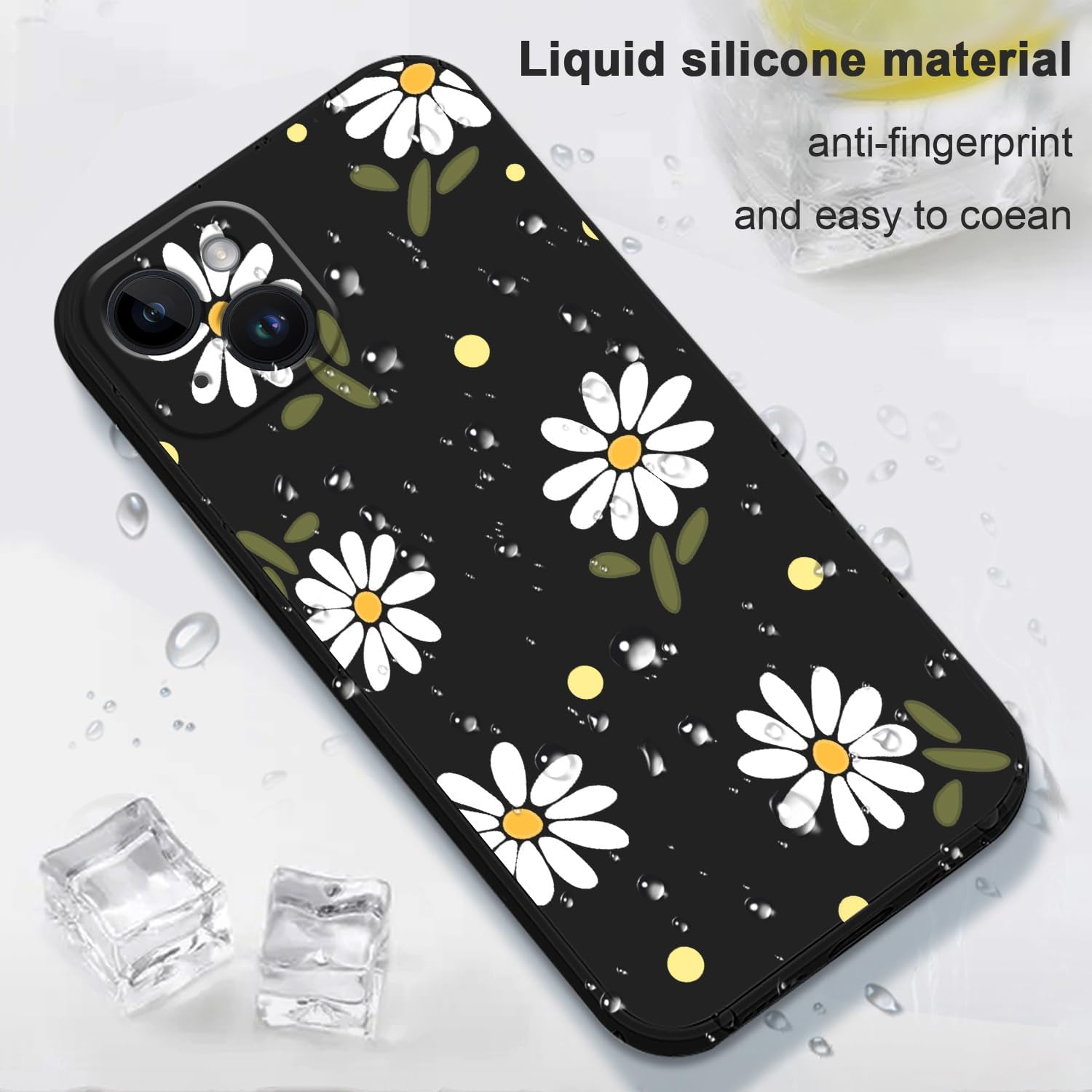 LEECG Fundas para iPhone 15 Plus, 15 Plus con diseño de patrón de crisantemo lateral, protector de lente de cámara suave a prueba de golpes para