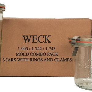 WECK, combo de tarros moldeados, (1) 900, (1) 742, (1) 743, (3) tapas de vidrio, (3) anillos de caucho y (6) abrazaderas WECK, combo de tarros moldeados, (1) 900, (1) 742, (1) 743, (3) tapas de vidrio, (3) anillos de caucho y (6) abrazaderas