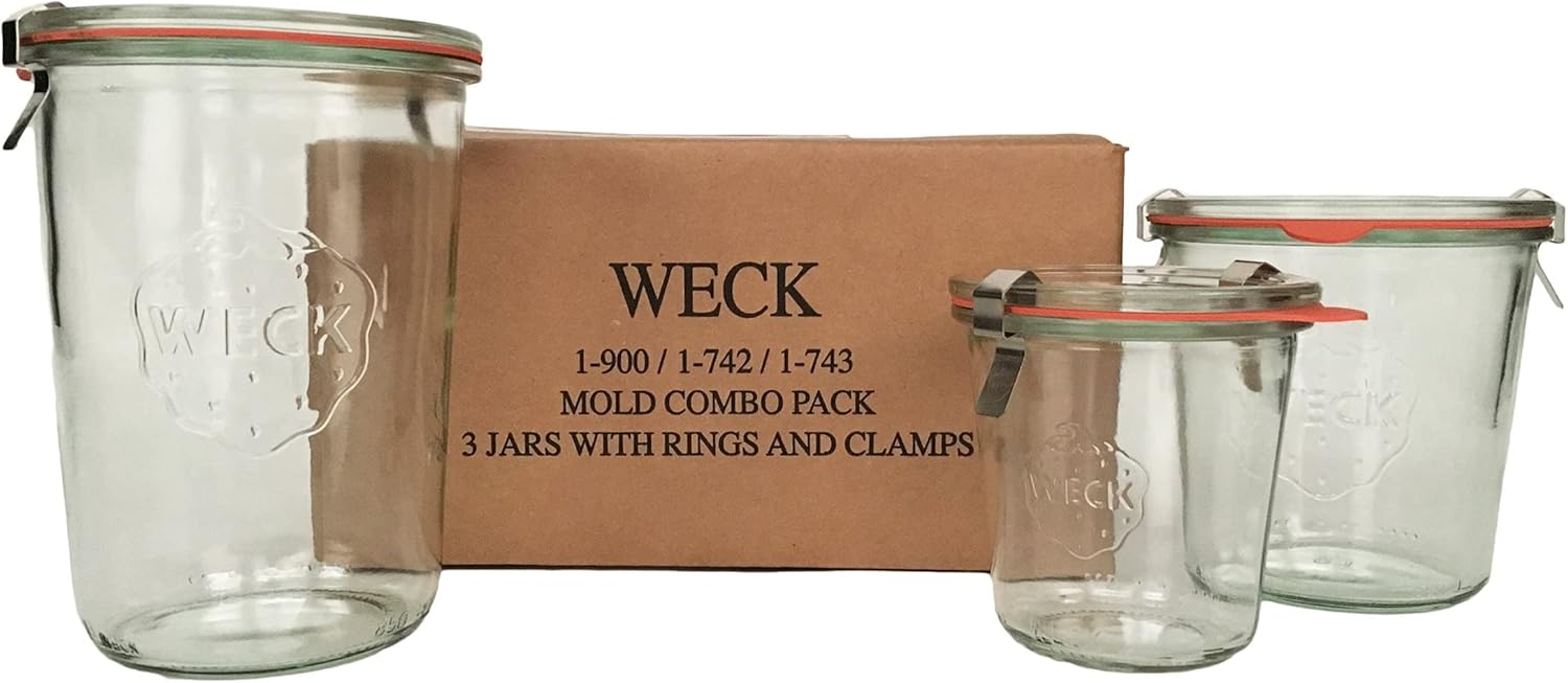 WECK, combo de tarros moldeados, (1) 900, (1) 742, (1) 743, (3) tapas de vidrio, (3) anillos de caucho y (6) abrazaderas